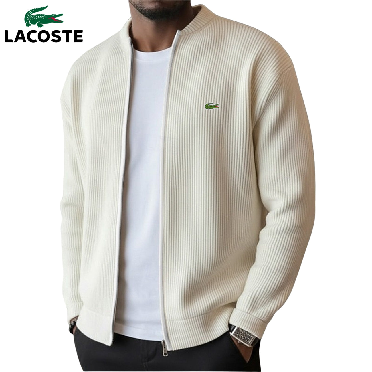 Lacoste — Pull Zippé en Maille Côtelée