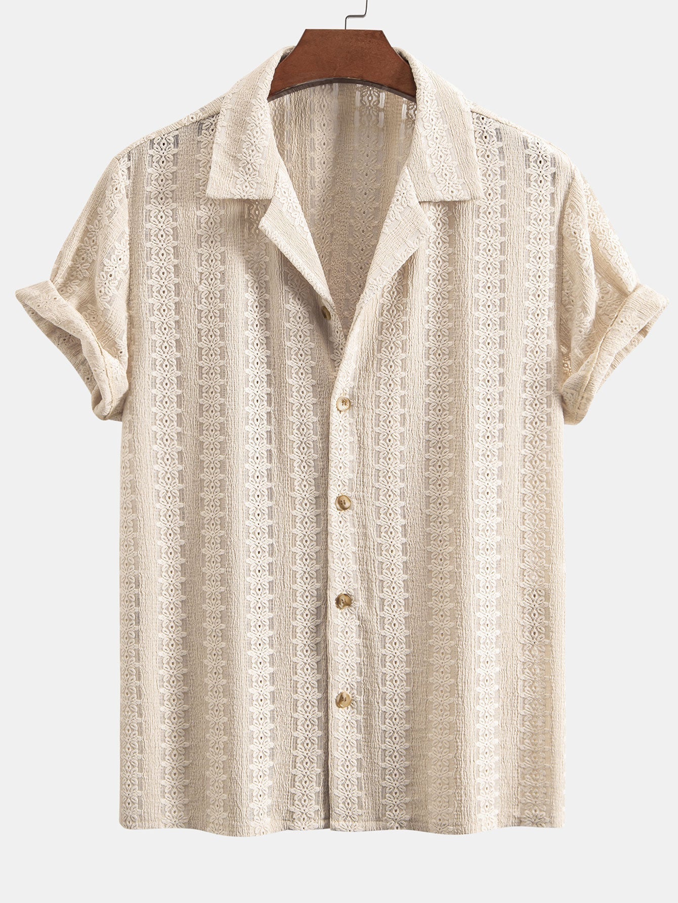 Floral Jacquard Textured Cuban Shirt & Linen Cotton Blend Drawstring Shorts