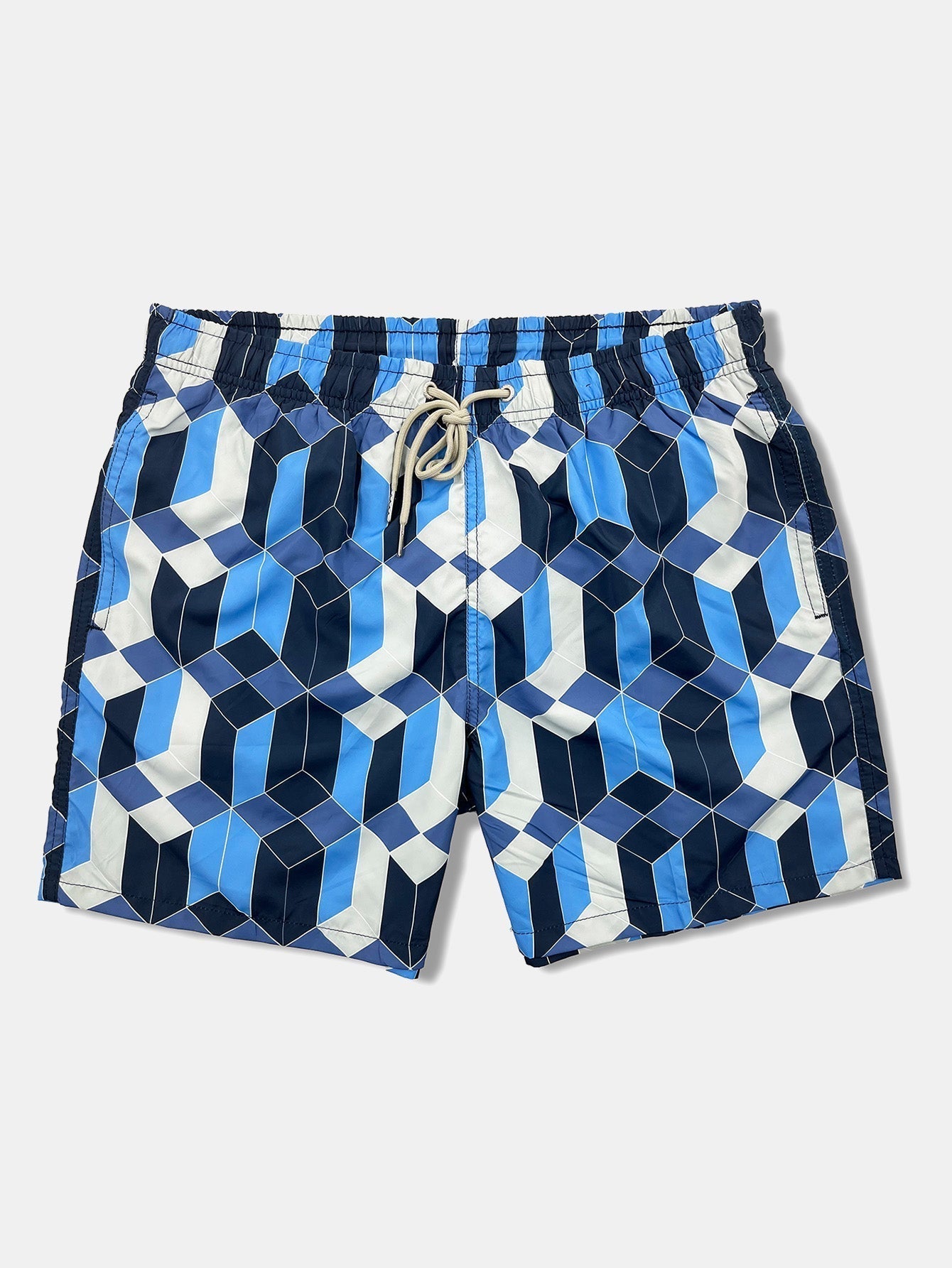 Linen Rayon Blend Button Up Shirt & Geometric Color Block Print Swim Shorts
