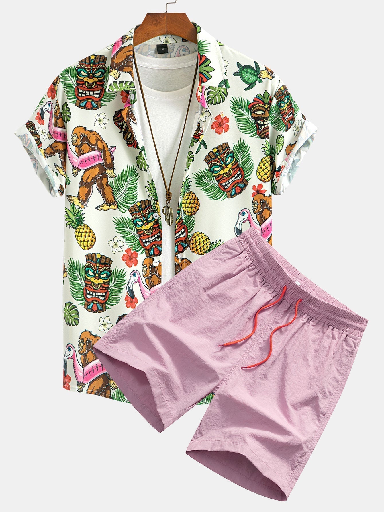 Tropical Tiki Bigfoot Print Button Up Shirt & Man Mid Length Drawstring Swim Shorts