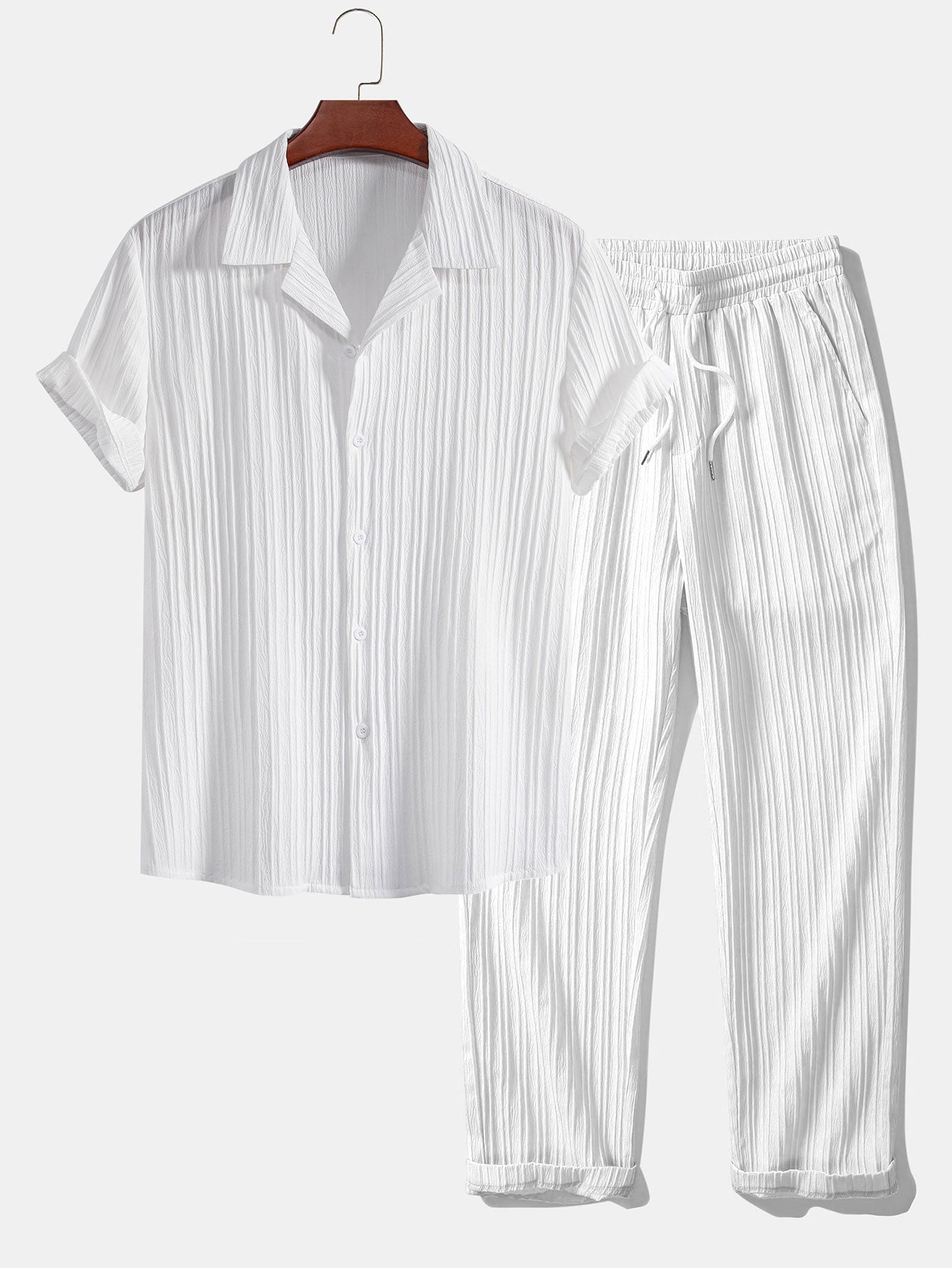 Striped Jacquard Cuban Collar Shirt & Straight Leg Pants