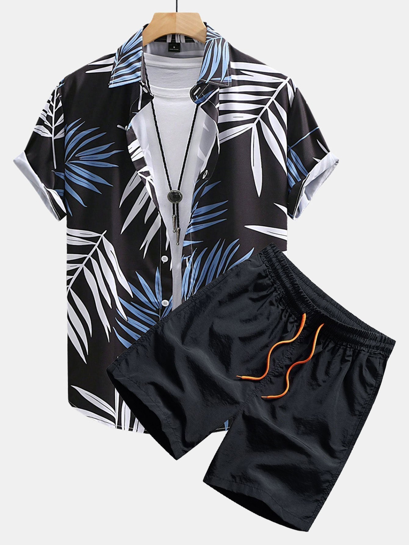 Tropical Leaves Print Button Up Shirt & Swim Shorts