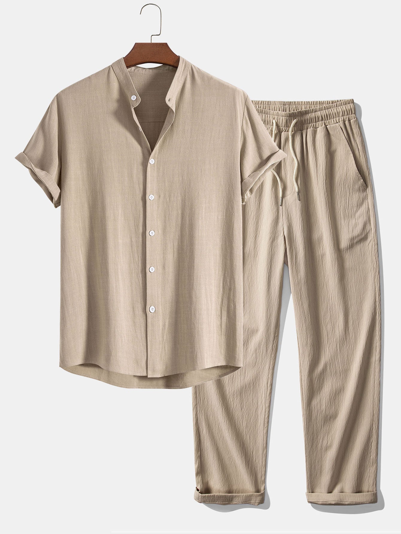 Linen And Rayon Blend Stand Collar Shirt & Wrinkle Textured Straight Leg Pants