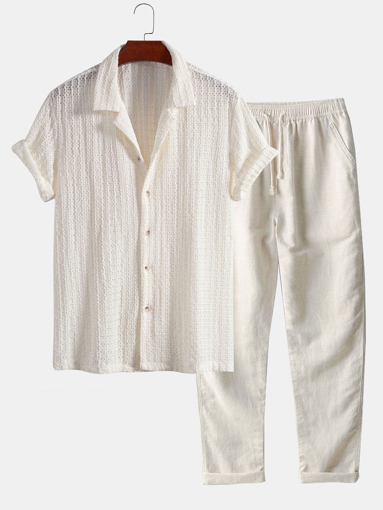 Texture Jacquard Cuban Shirt & Straight Leg Linen Pants