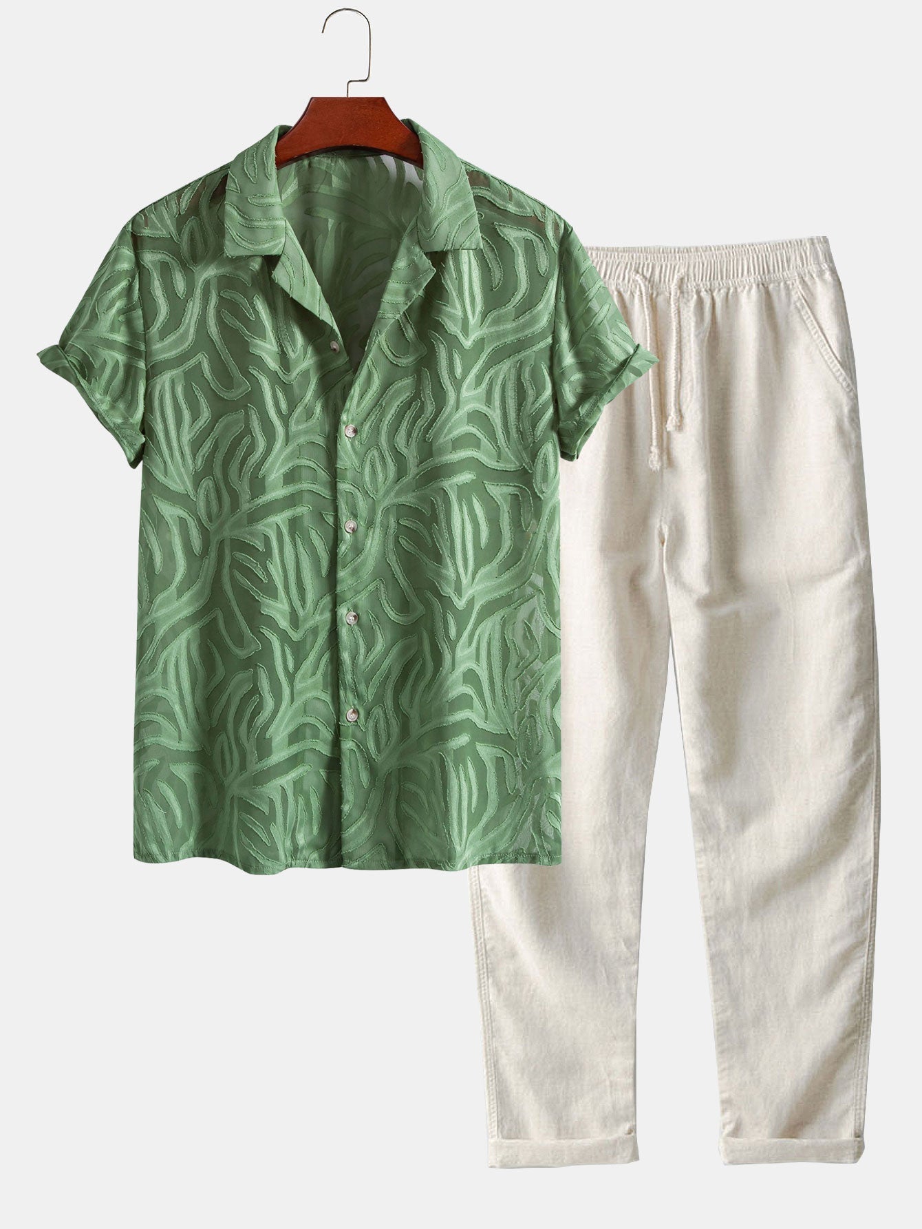 Jacquard Texture Cuban Shirt & Straight Leg Linen Pants
