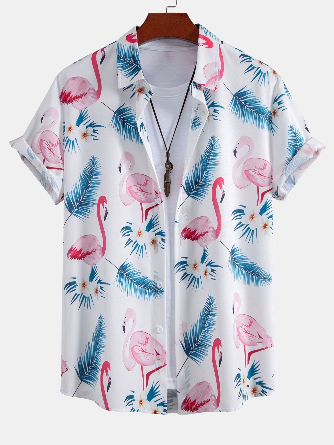 Flamingo Leaf Print Button Up Shirt & Swim Shorts