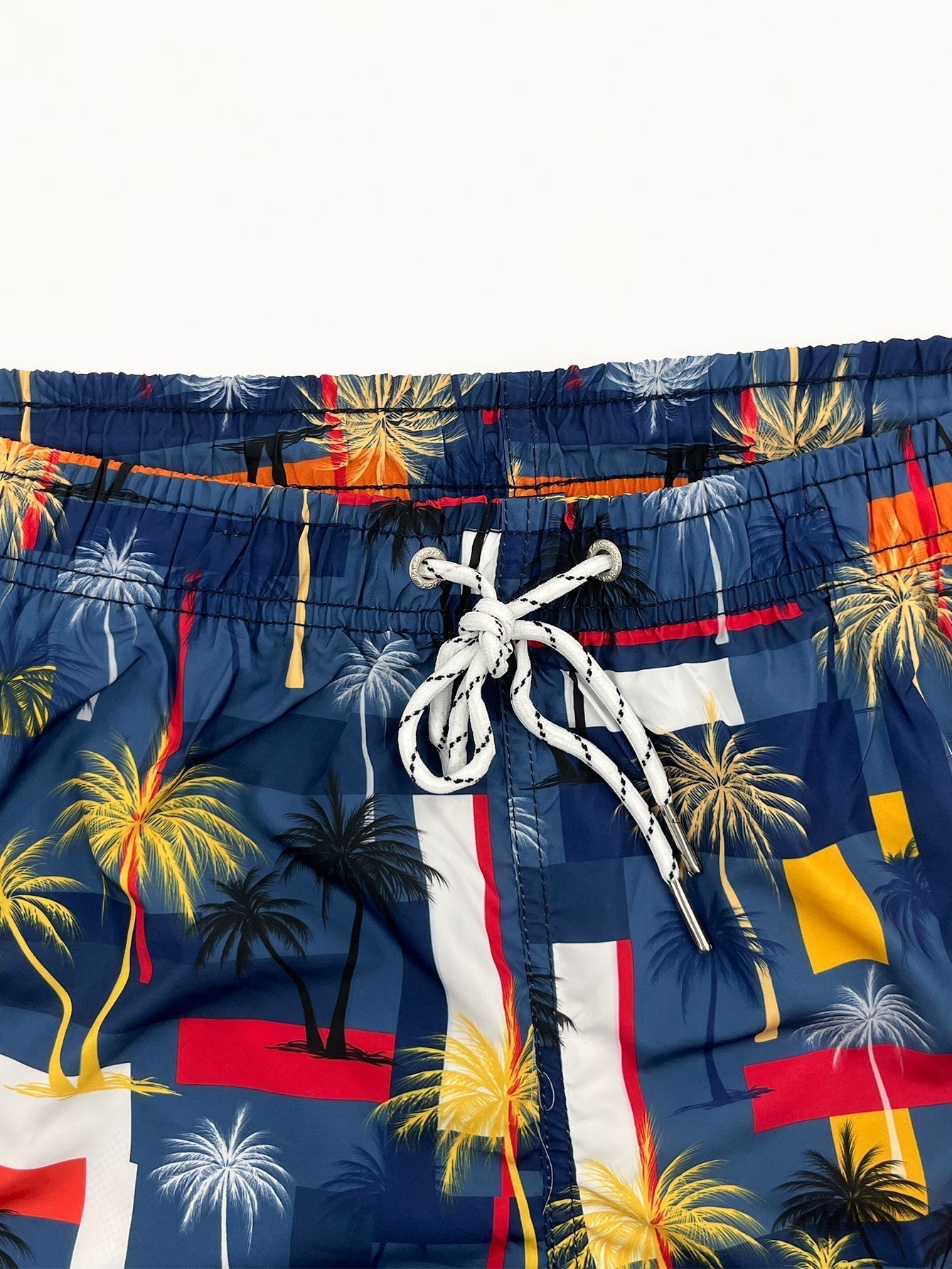 Linen Rayon Blend Button Up Shirt & Palm Tree Color Block Print Swim Shorts
