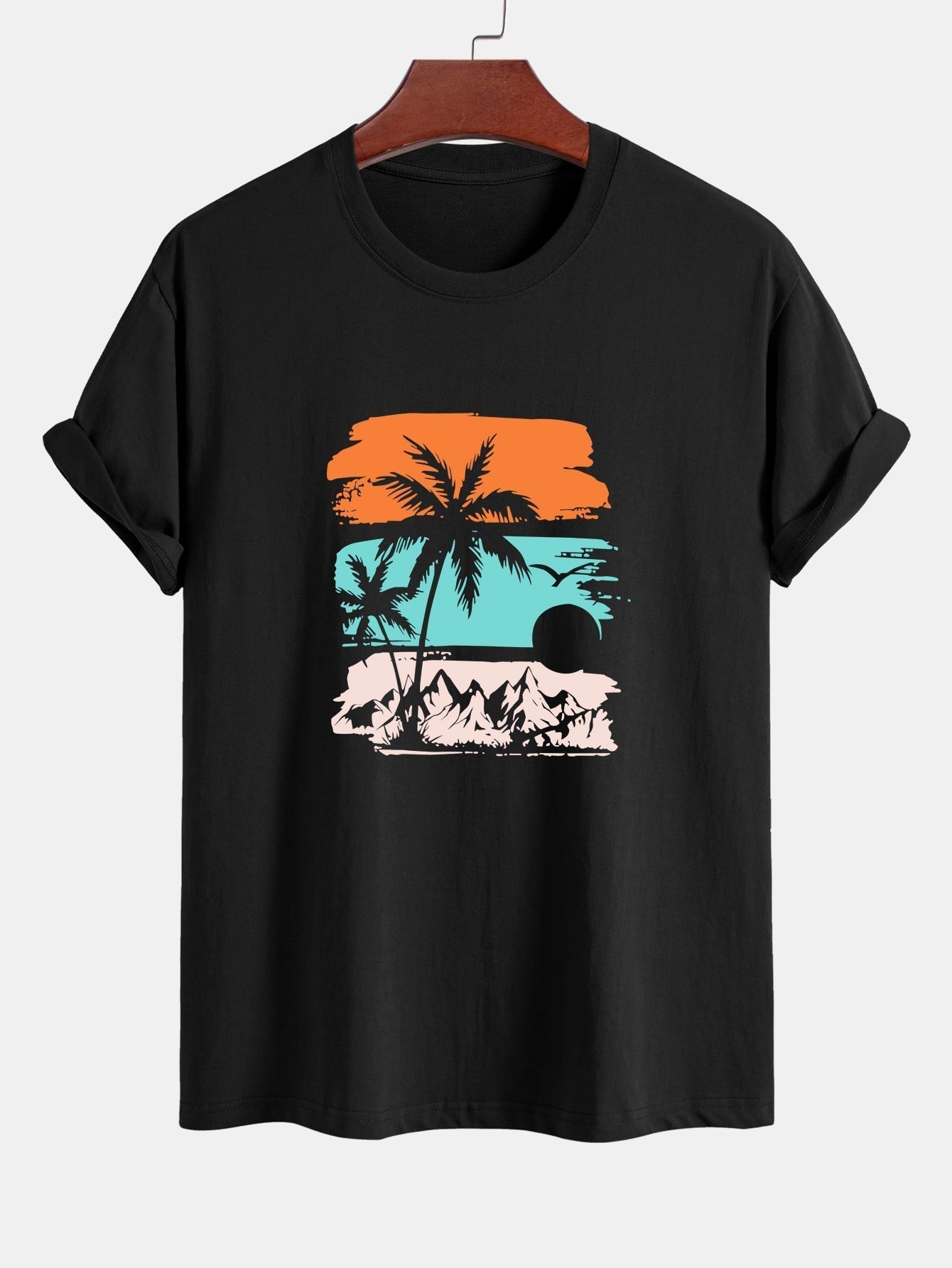 Regular Fit Palm Tree Silhouette Print Cotton T-Shirt & Swim Shorts