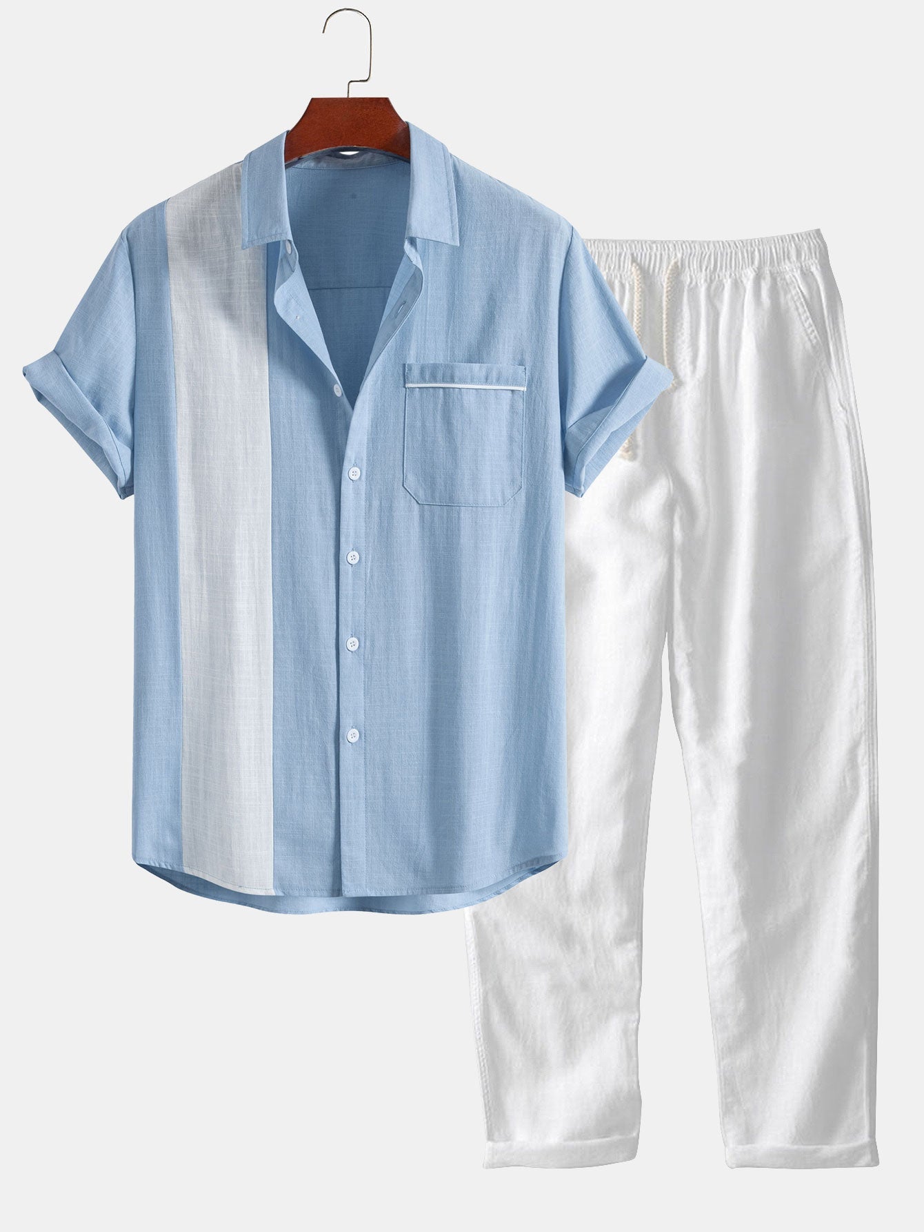 Linen Look Contrast Button Up Shirt & Straight Leg Linen Pants