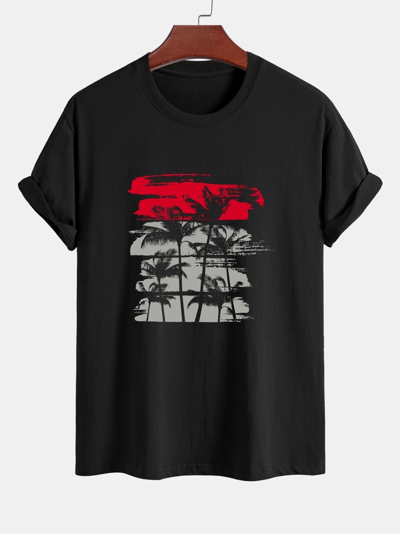 Palm Tree Silhouette Print Cotton T-Shirt & Solid Drawstring Swim Shorts