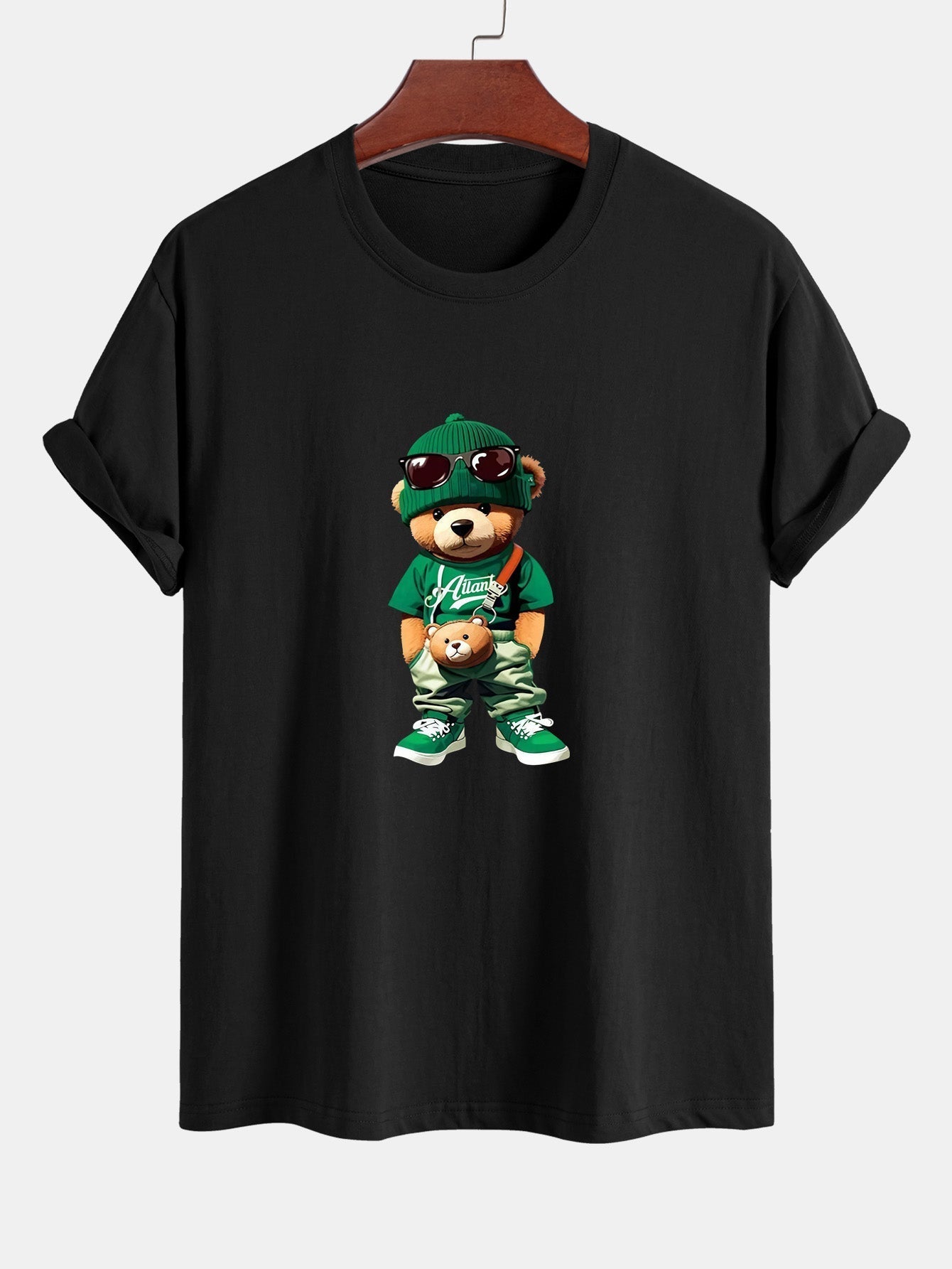 Regular Fit Trendy Bear Print Cotton T-Shirt & Drawstring Corduroy Shorts