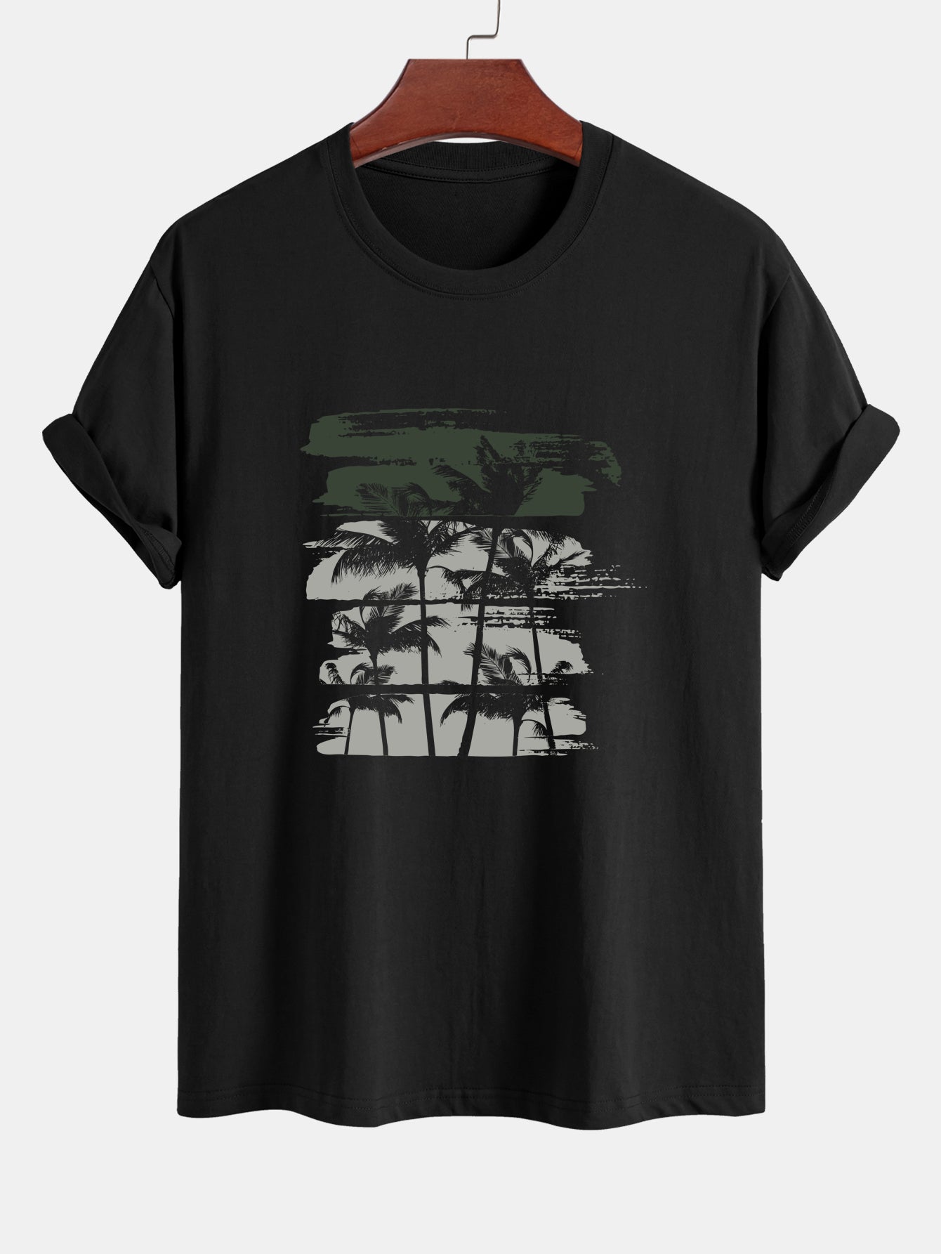 Palm Tree Silhouette Print Cotton T-Shirt & Solid Drawstring Swim Shorts