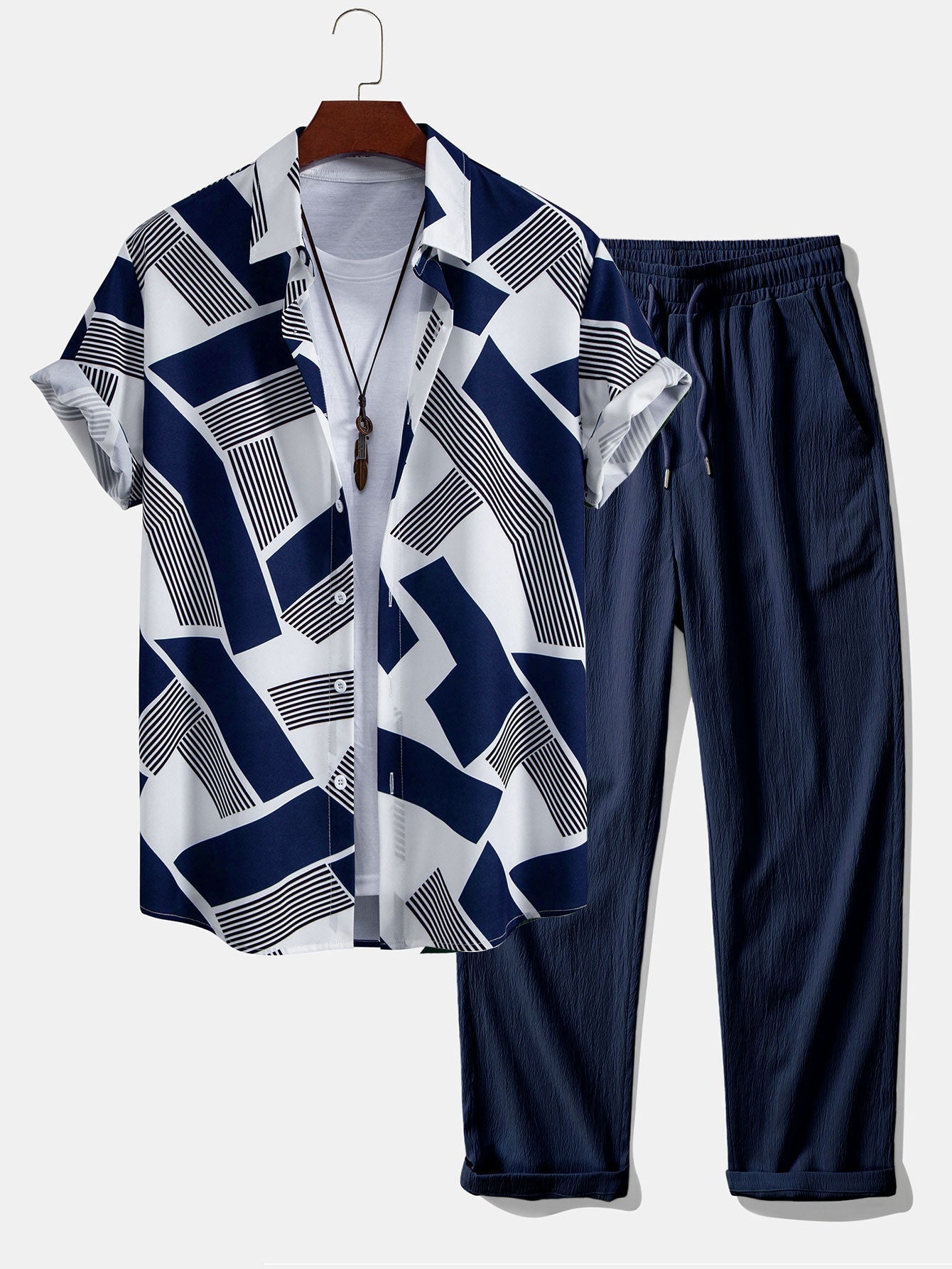 Color Block Geometry Print Button Up Shirt & Wrinkle Textured Straight Leg Pants