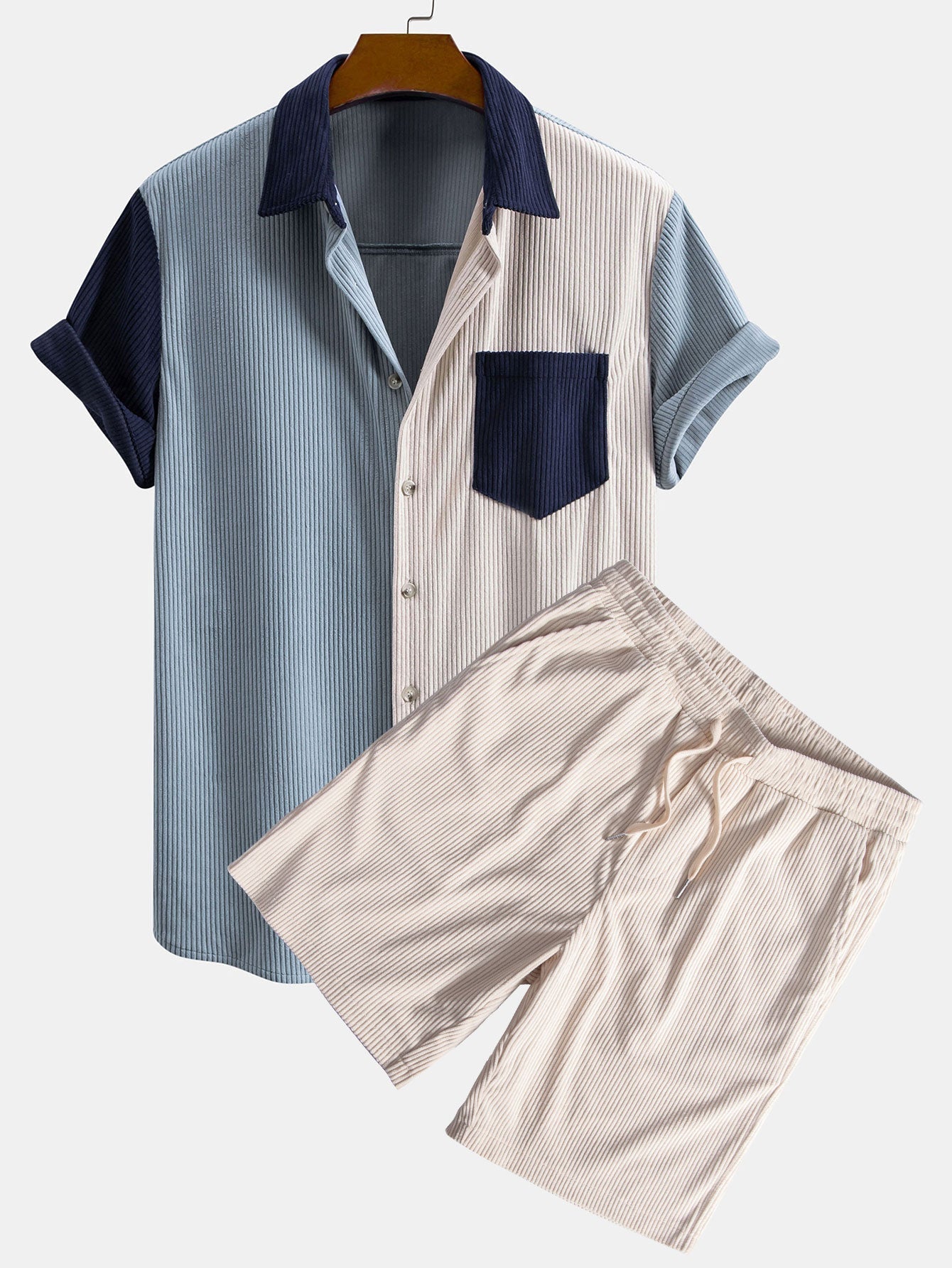 Short Sleeve Corduroy Patchwork Shirt & Corduroy Drawstring Shorts