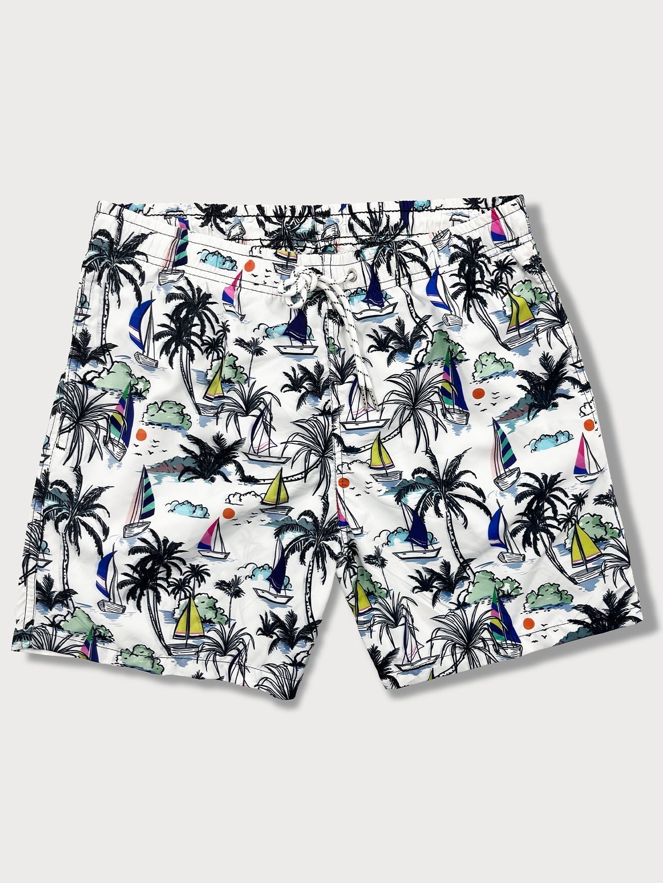 Linen Rayon Blend Button Up Shirt & Palm Tree Sailboat Print Swim Shorts