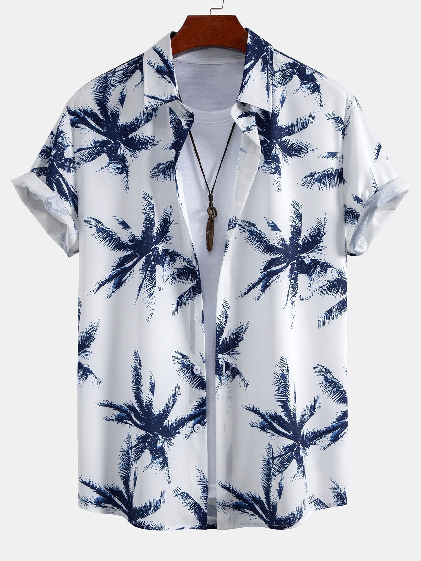 Palm Tree Print Button Up Shirt & Man Mid Length Drawstring Swim Shorts