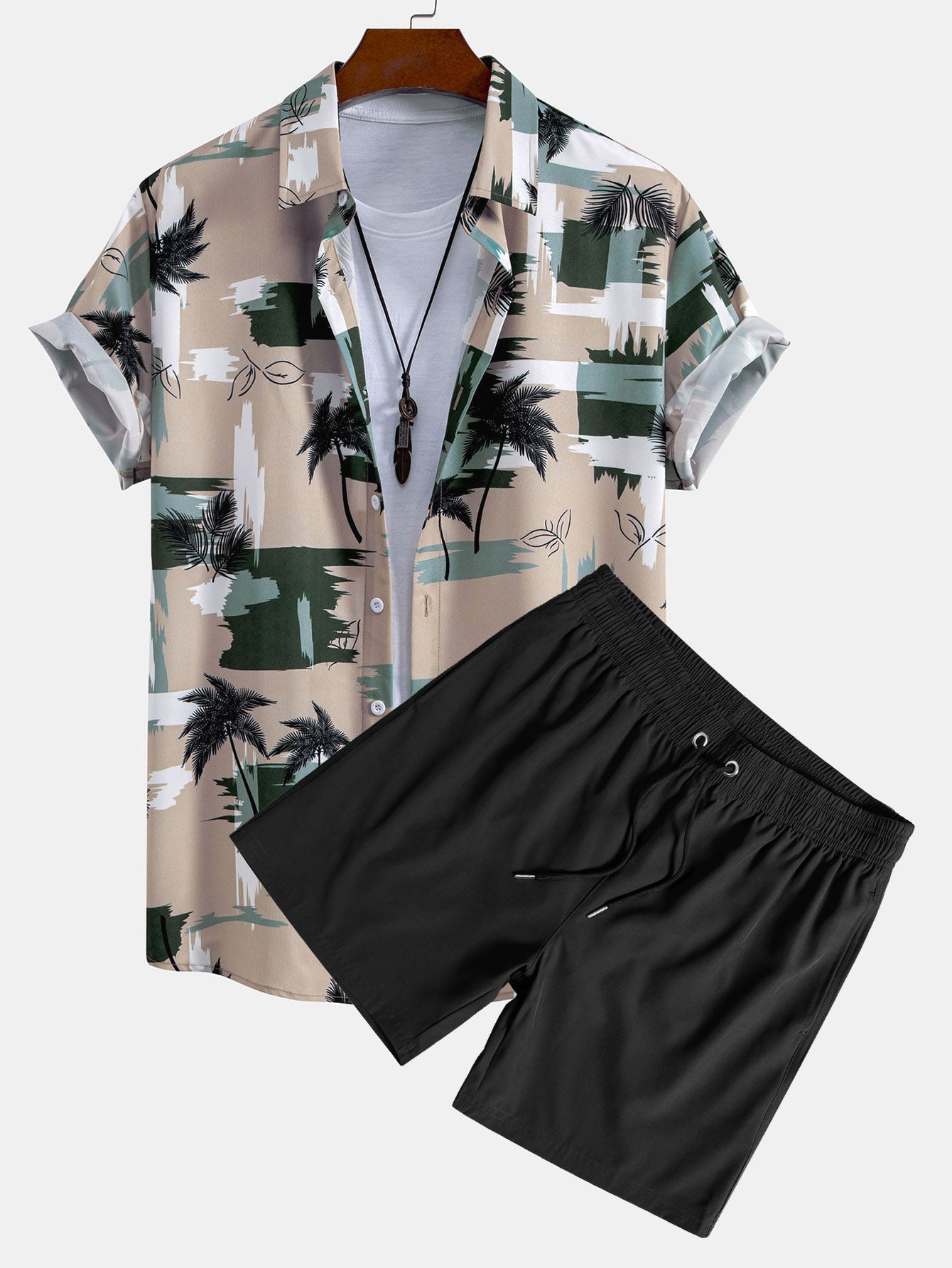 Palm Tree Color Block Print Button Up Shirt & Swim Shorts