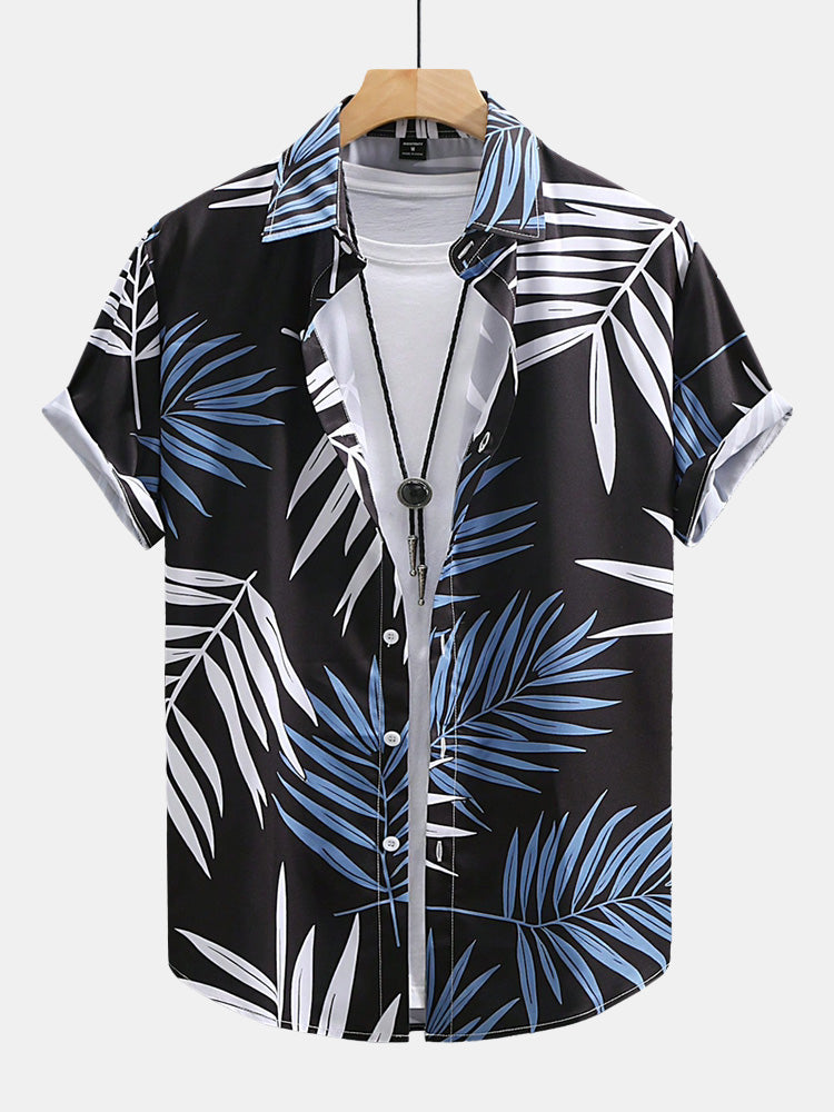 Tropical Leaves Print Button Up Shirt & Swim Shorts