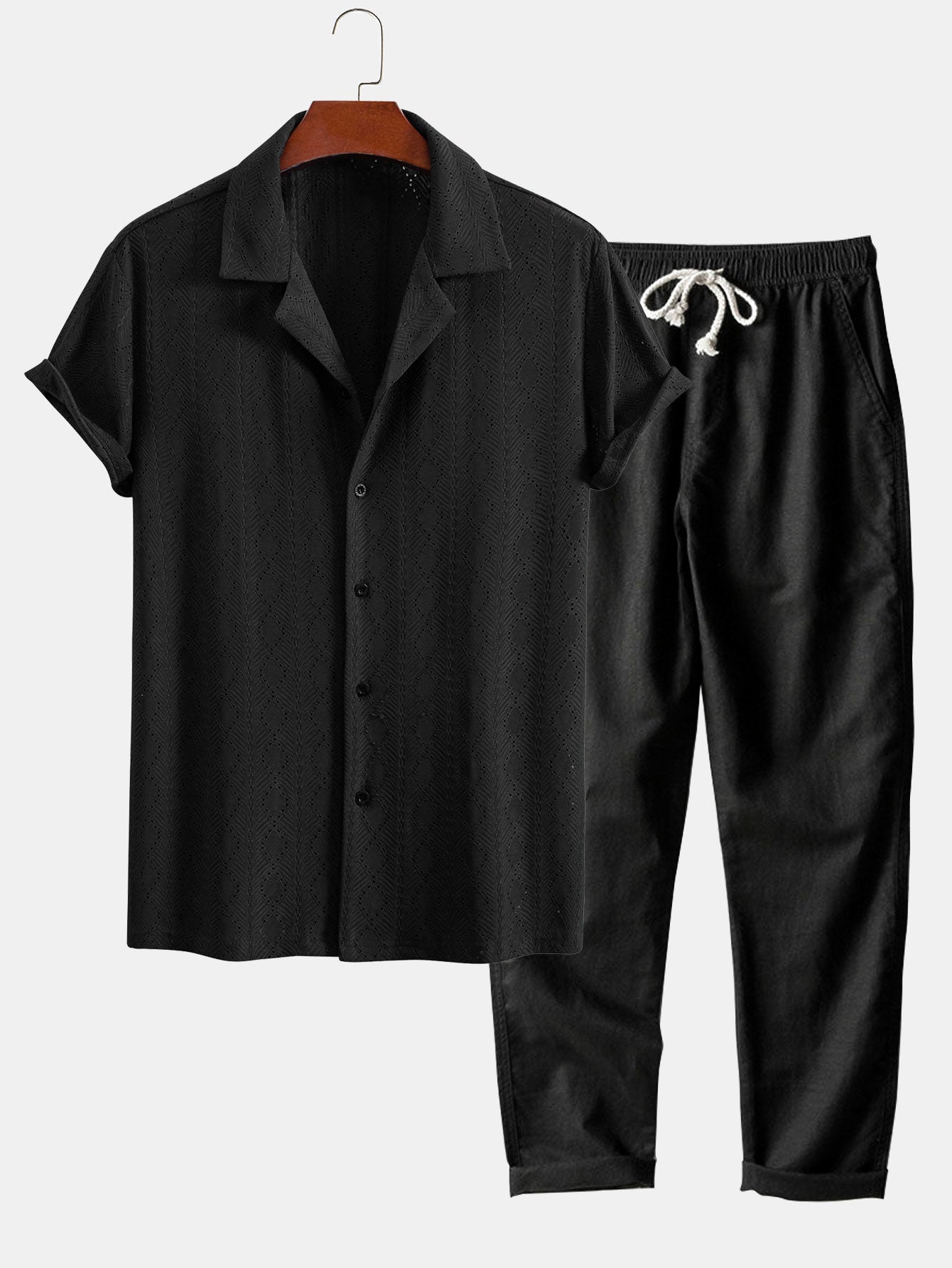 Muscle Fit Diamond Texture Cuban Shirt & Straight Leg Linen Pants