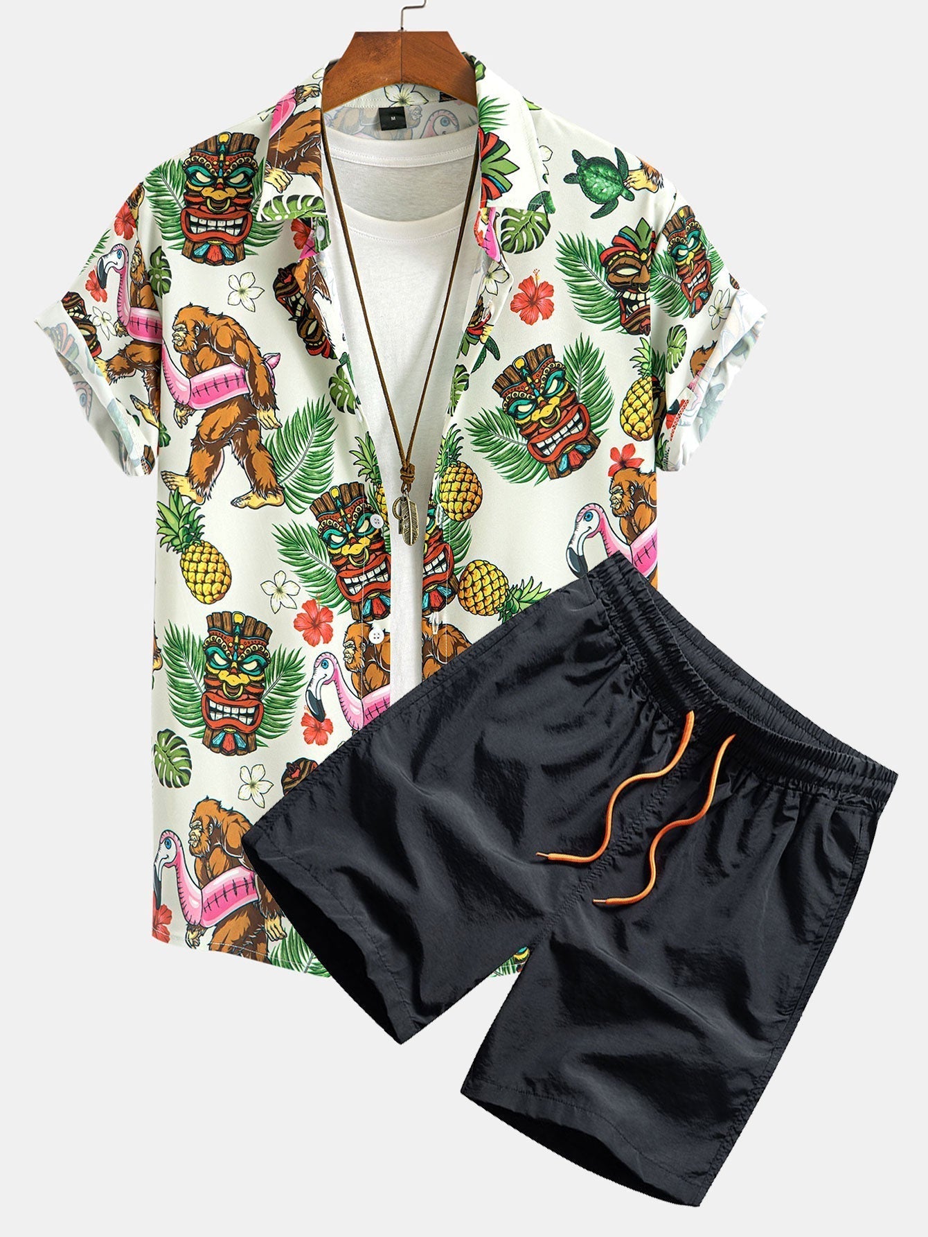 Tropical Tiki Bigfoot Print Button Up Shirt & Man Mid Length Drawstring Swim Shorts
