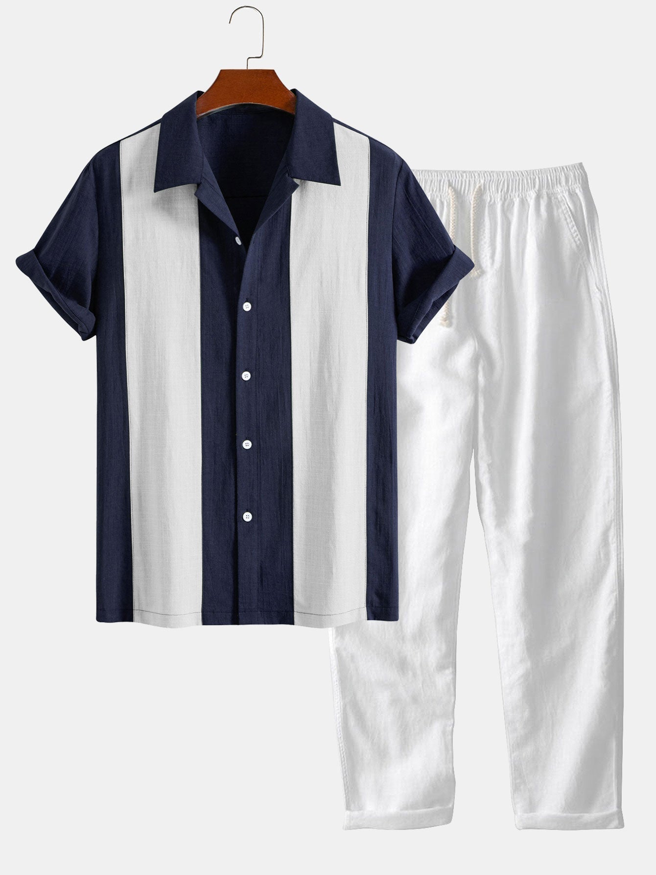 Linen Look Patchwork Bowling Shirt & Straight Leg Linen Pants