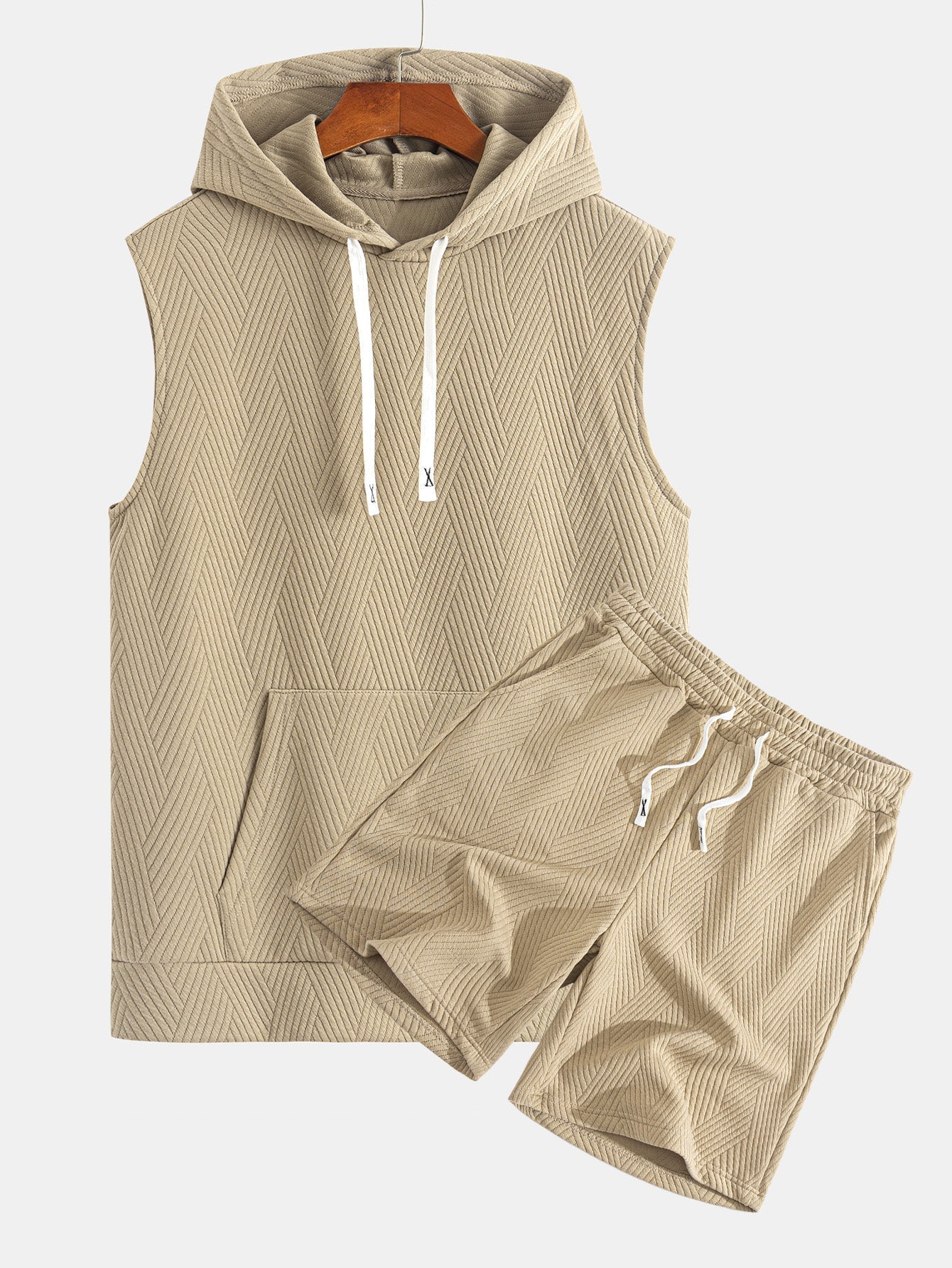 Striped Jacquard Sleeveless Hooded T-Shirt & Shorts