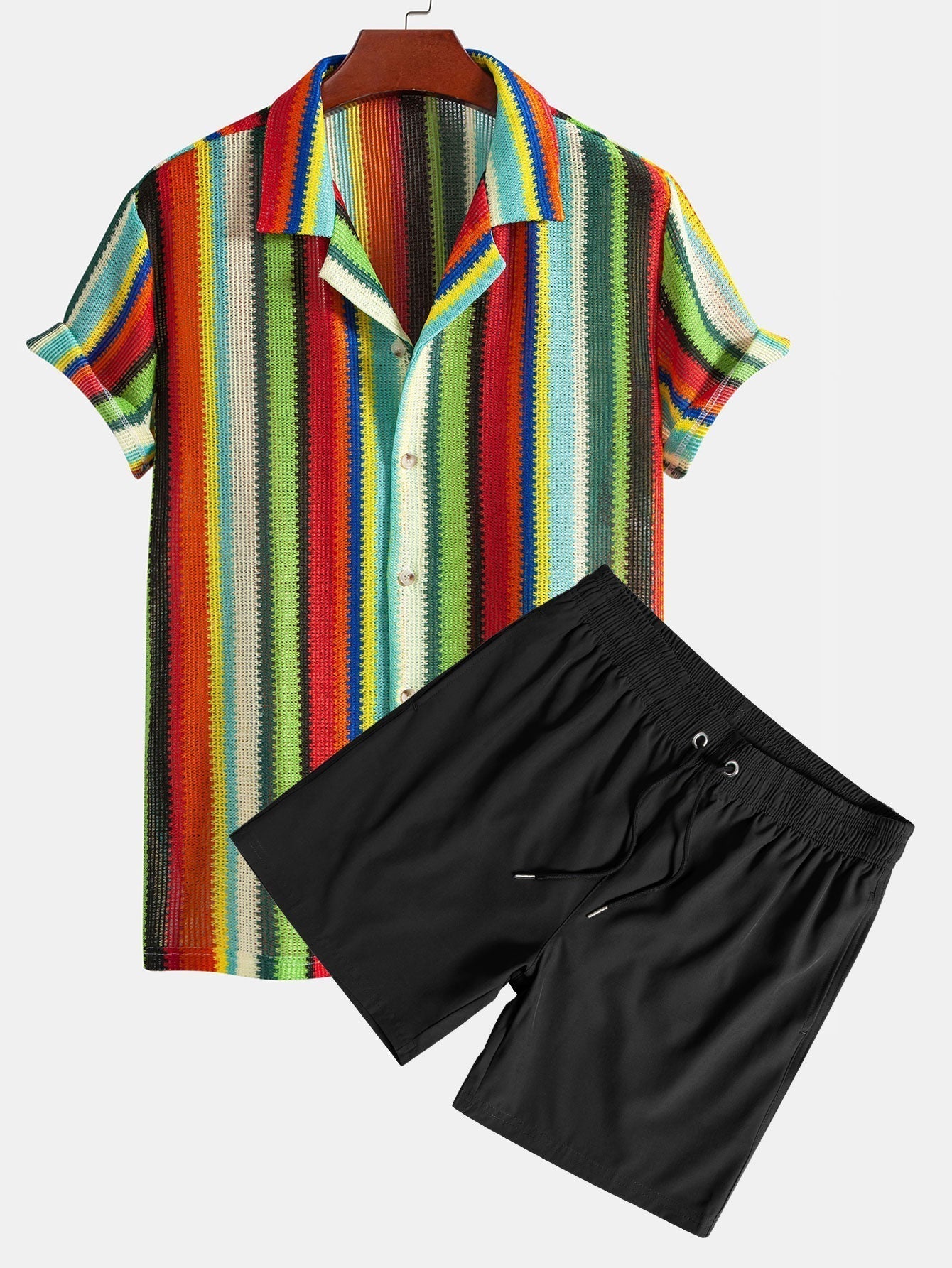 Colorful Striped Waffle Texture Cuban Shirt & Swim Shorts