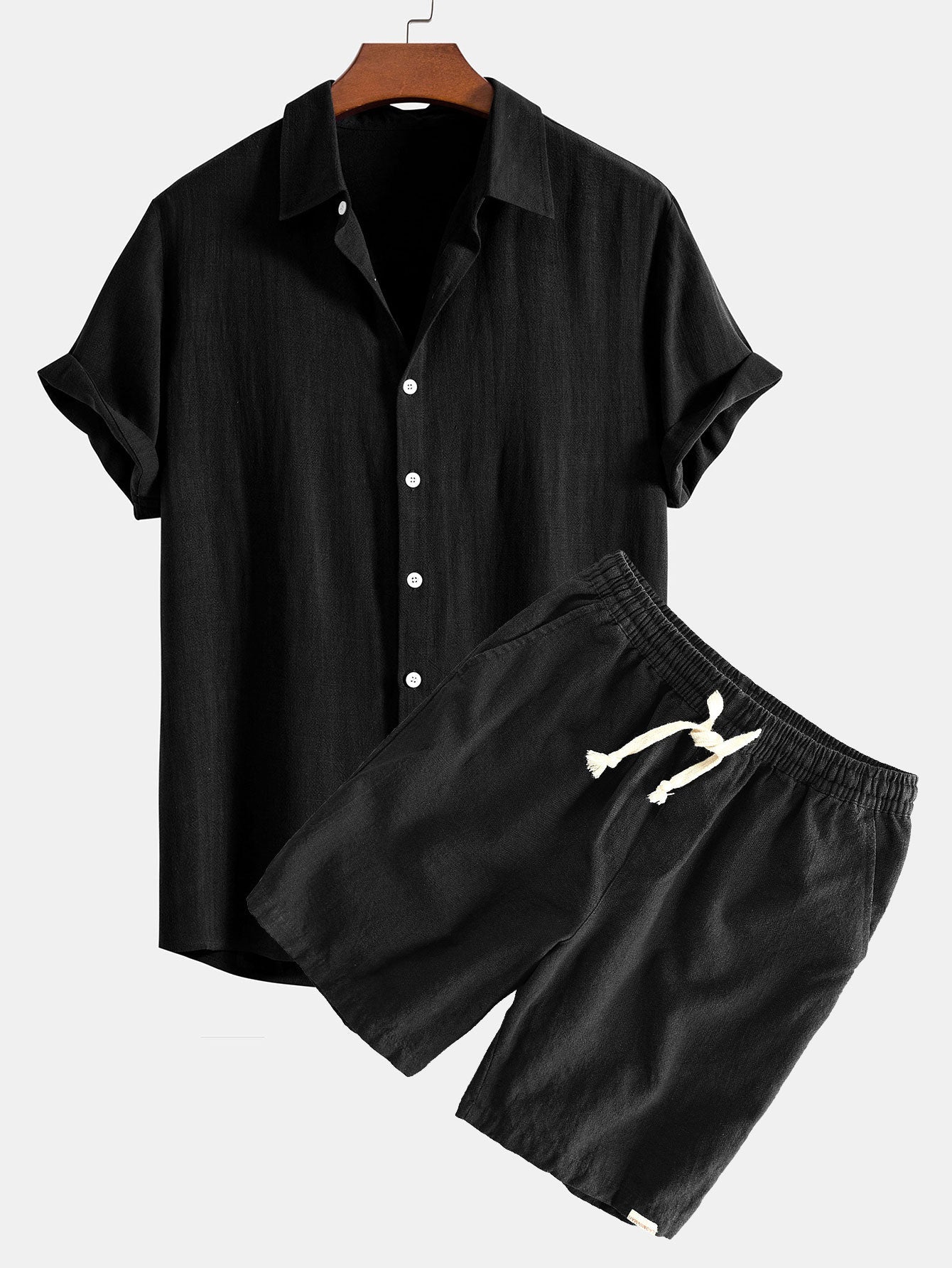 Linen Rayon Blend Button Up Shirt & Linen Cotton Blend Drawstring Shorts