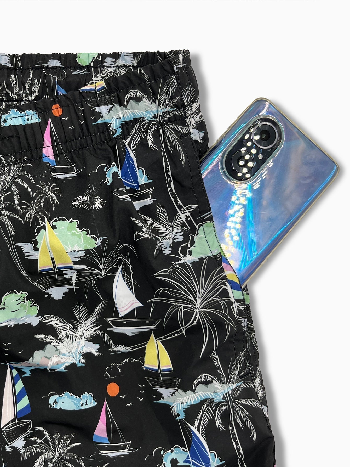 Linen Rayon Blend Button Up Shirt & Palm Tree Sailboat Print Swim Shorts
