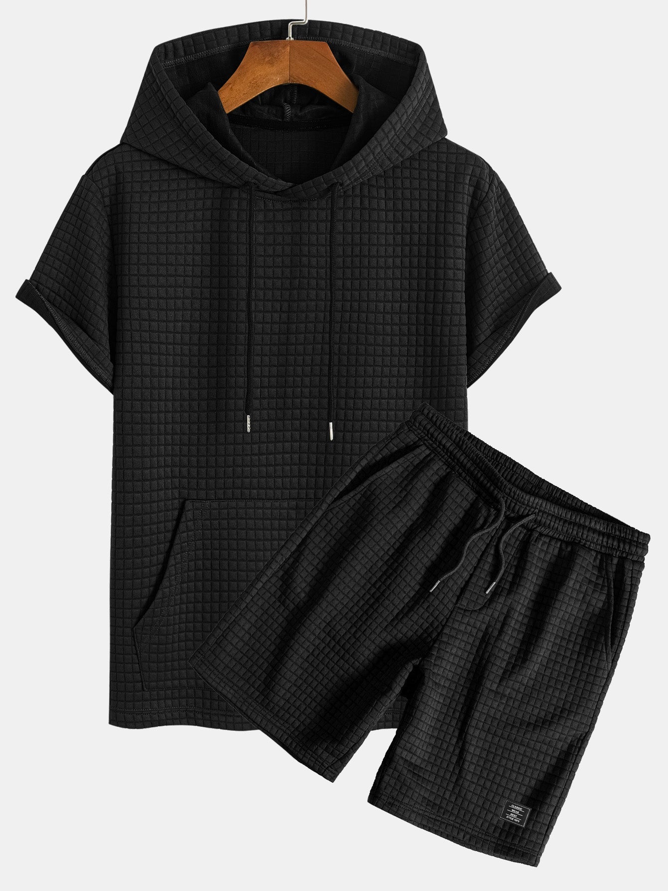 Kangaroo Pocket Waffle Hooded T-Shirt & Shorts