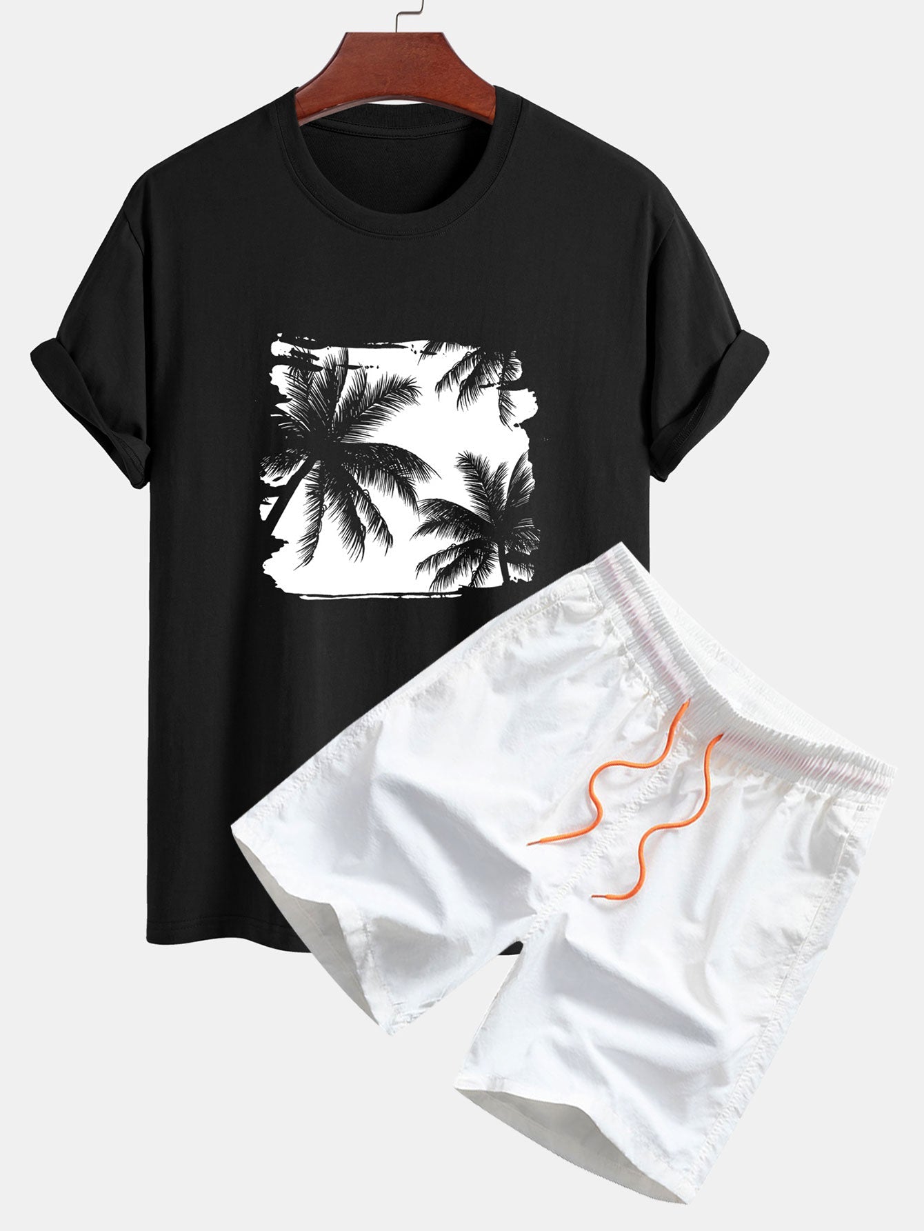 Regular Fit Palm Trees Silhouette Print Cotton T-Shirt & Swim Shorts