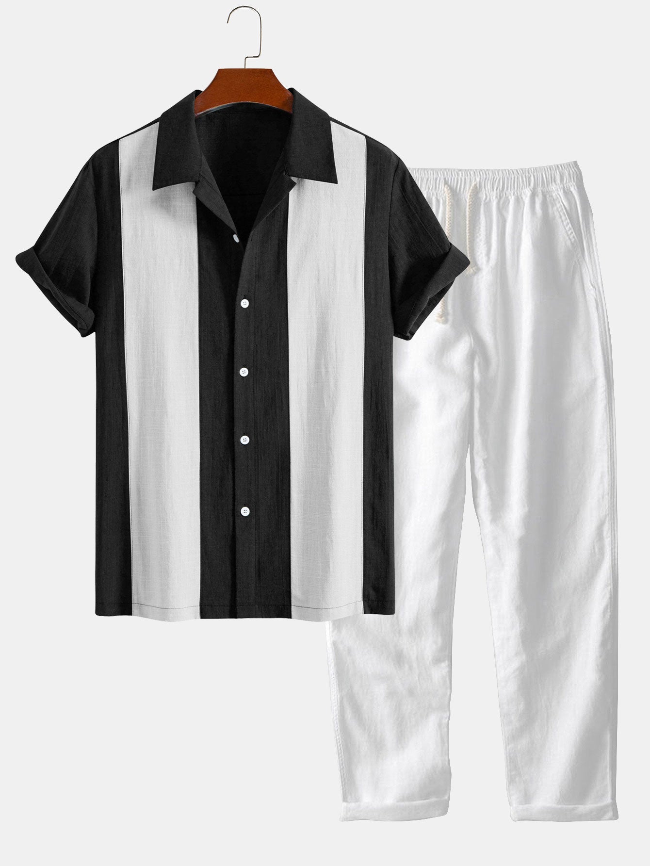 Linen Look Patchwork Bowling Shirt & Straight Leg Linen Pants