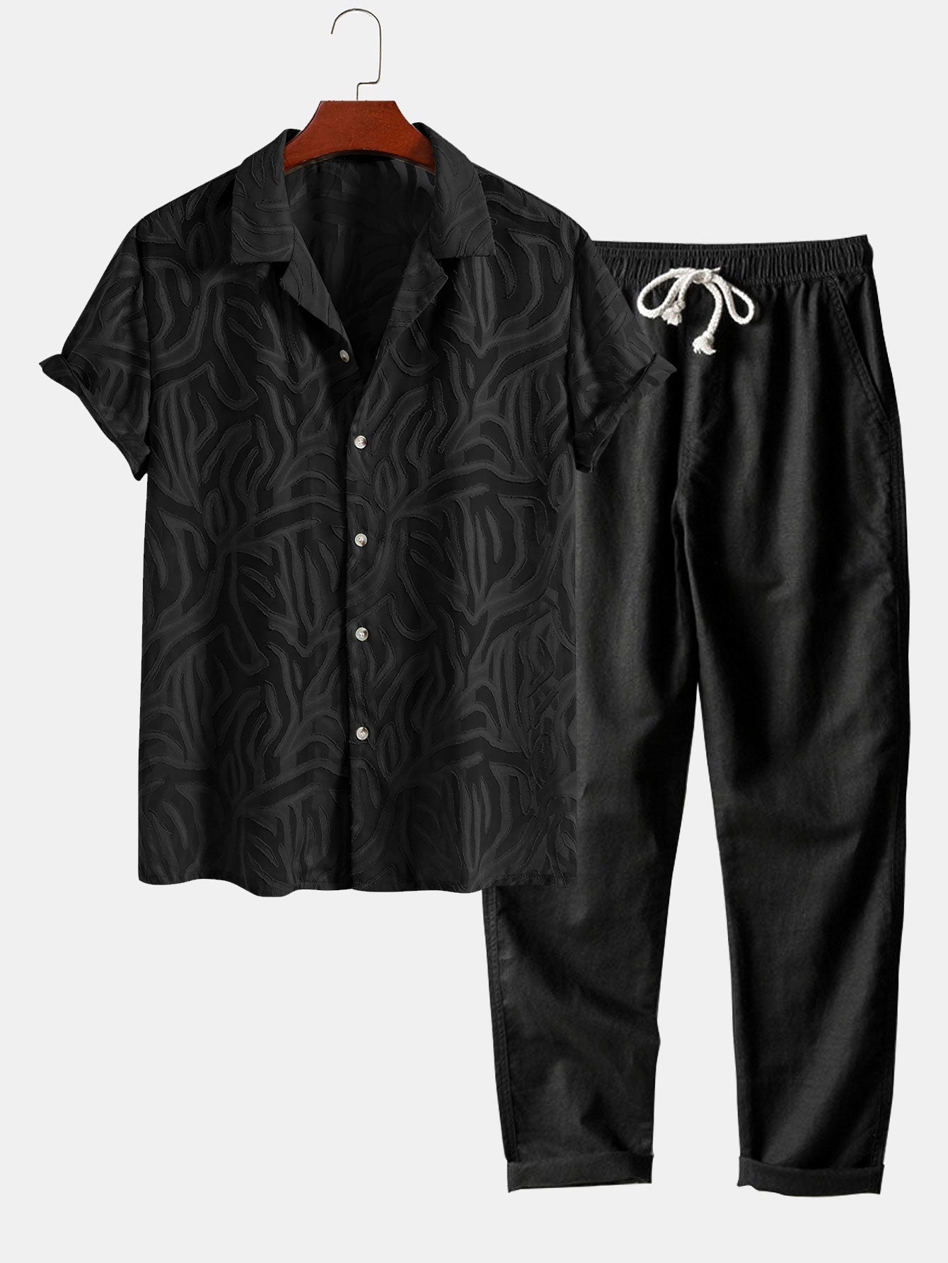 Jacquard Texture Cuban Shirt & Straight Leg Linen Pants