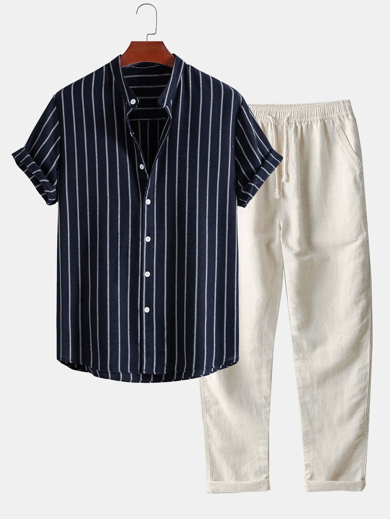 Cotton Blend Striped Stand Collar Shirt & Straight Leg Linen Pants