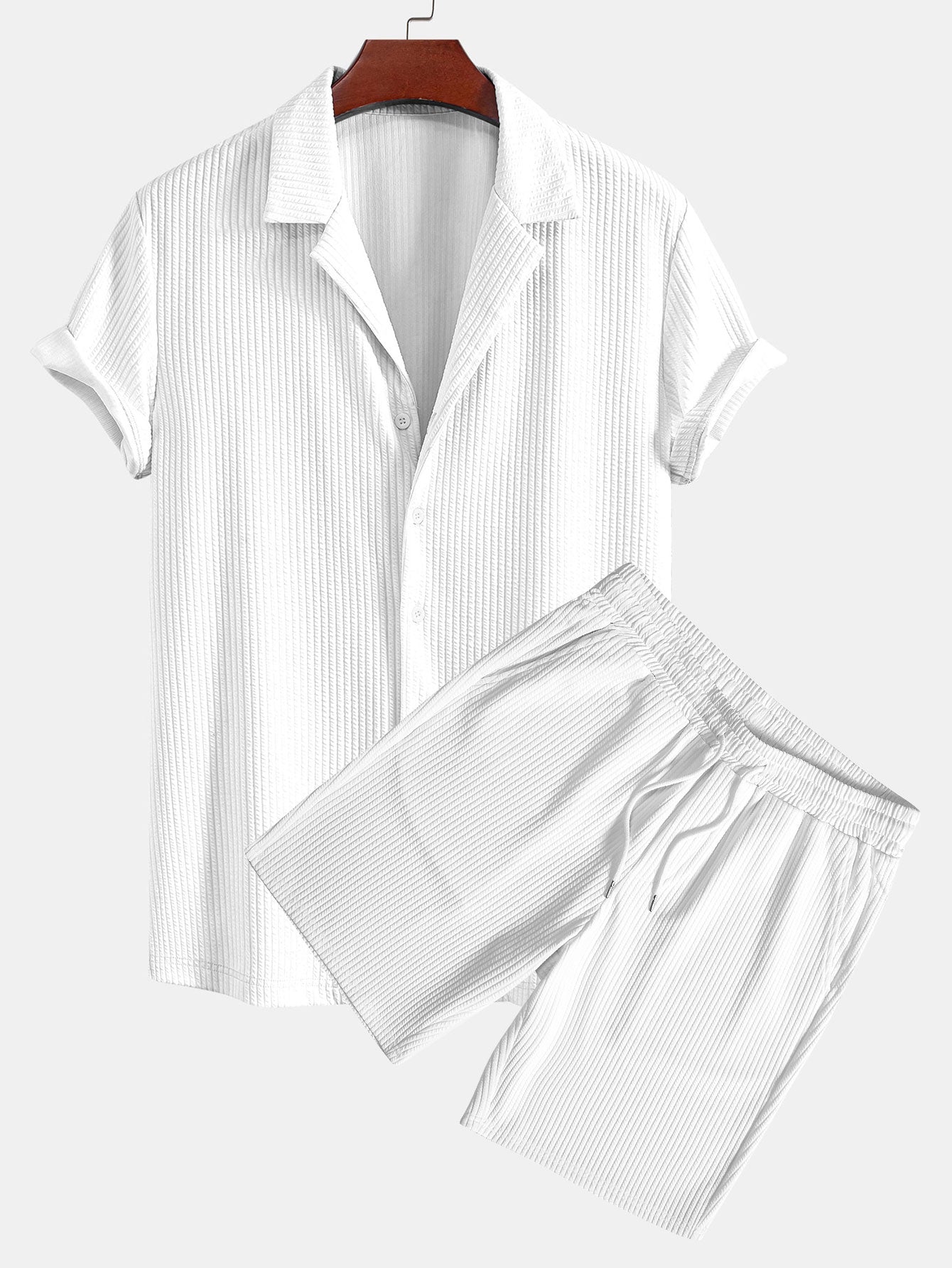 Muscle Fit Ribbed Deep Cuban Shirt & Drawstring Ribbed Shorts