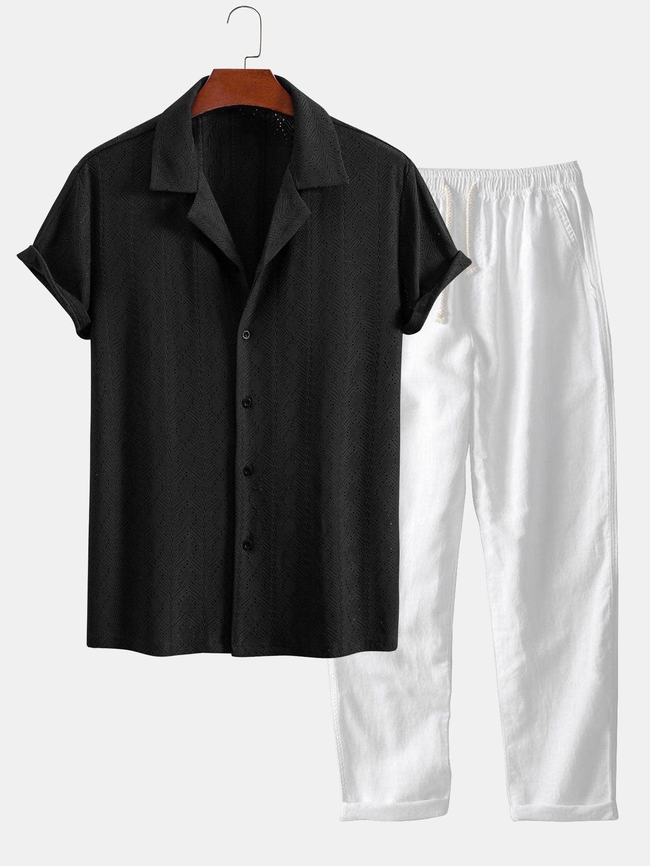 Muscle Fit Diamond Texture Cuban Shirt & Straight Leg Linen Pants