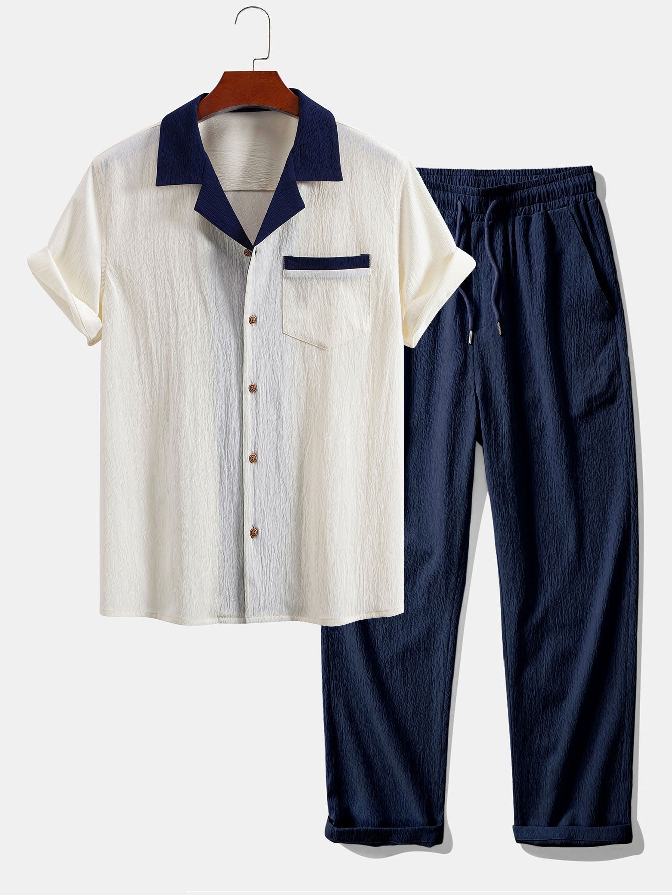 Textured Contrast Cuban Shirt & Straight Leg Pants