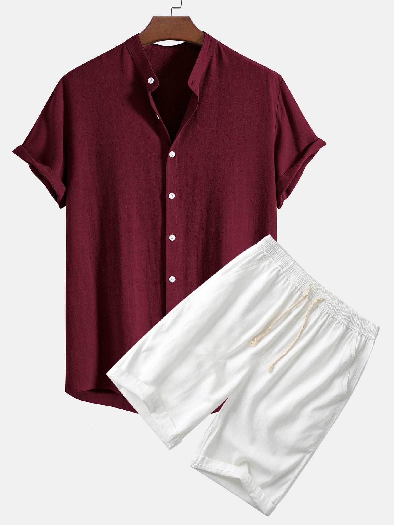 Linen And Rayon Blend Stand Collar Shirt & Linen Cotton Blend 11" Shorts