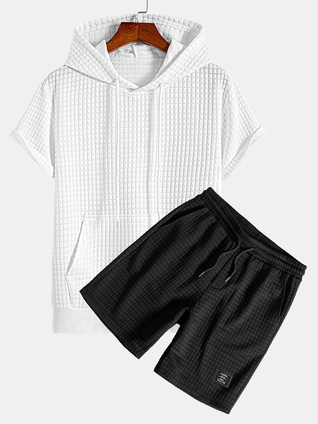 Short Sleeve Waffle Hoodie & Waffle Drawstring Shorts