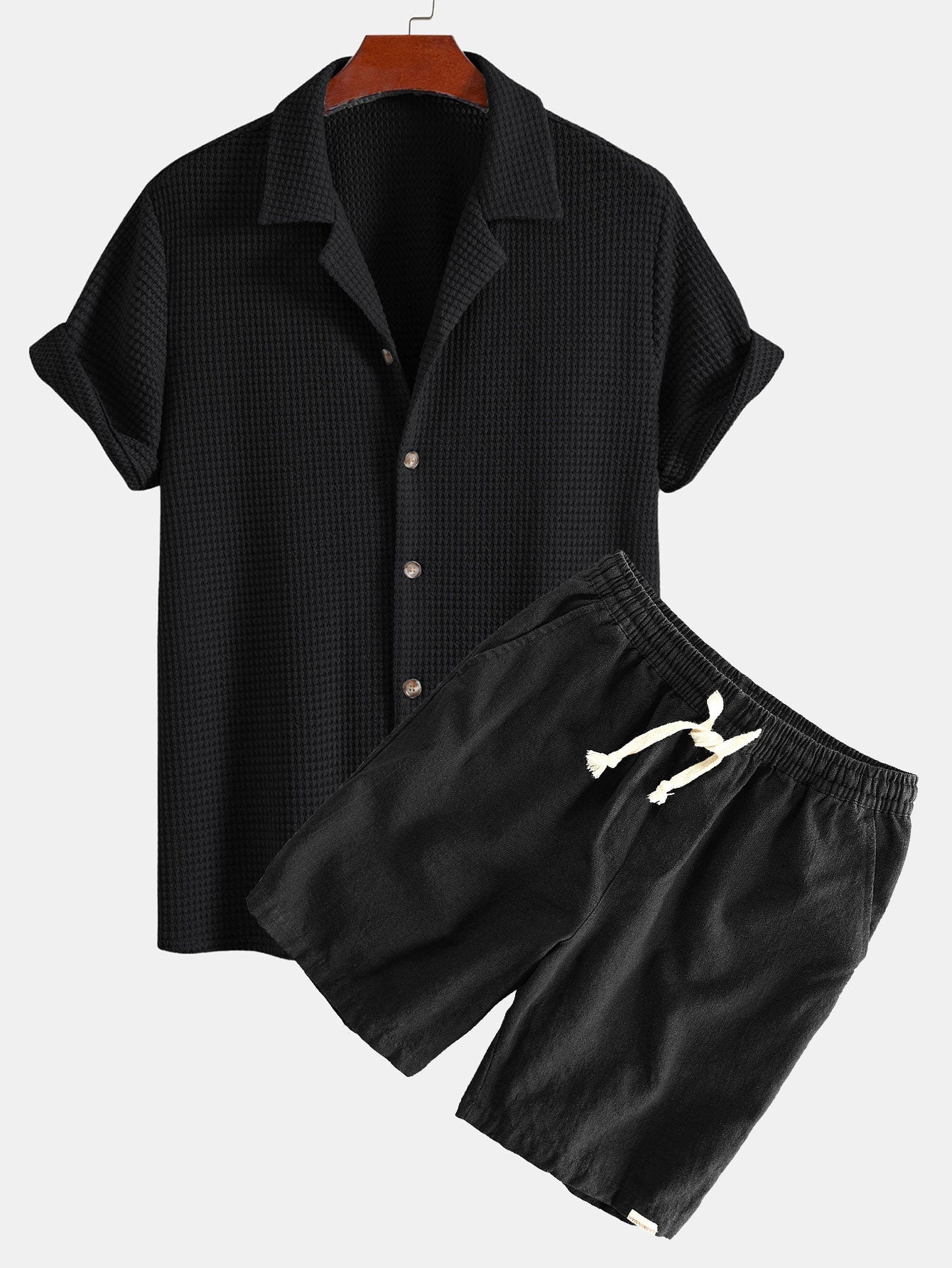 Textured Cuban Shirt & Linen Cotton Blend Drawstring Shorts