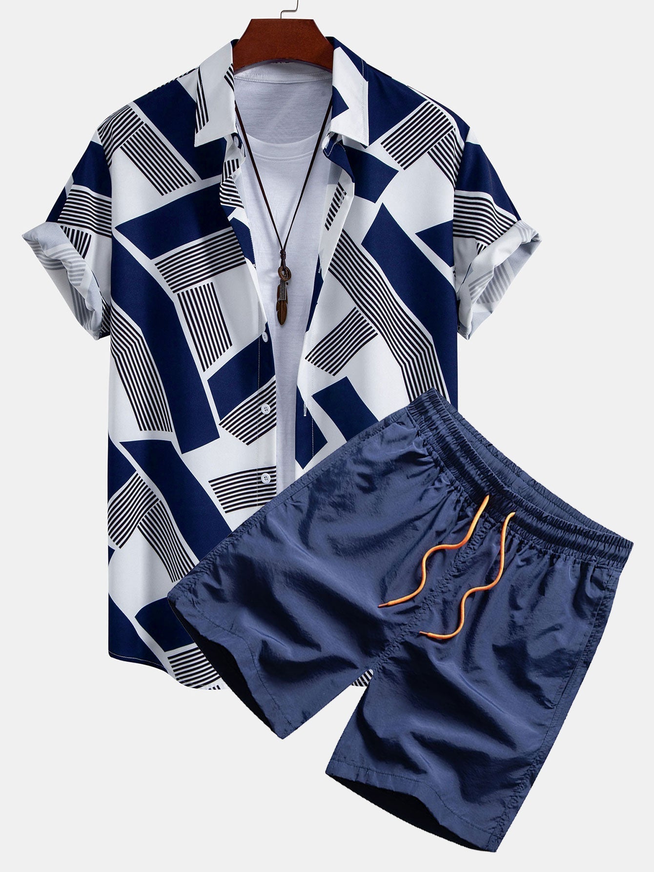 Color Block Geometry Print Button Up Shirt & Swim Shorts