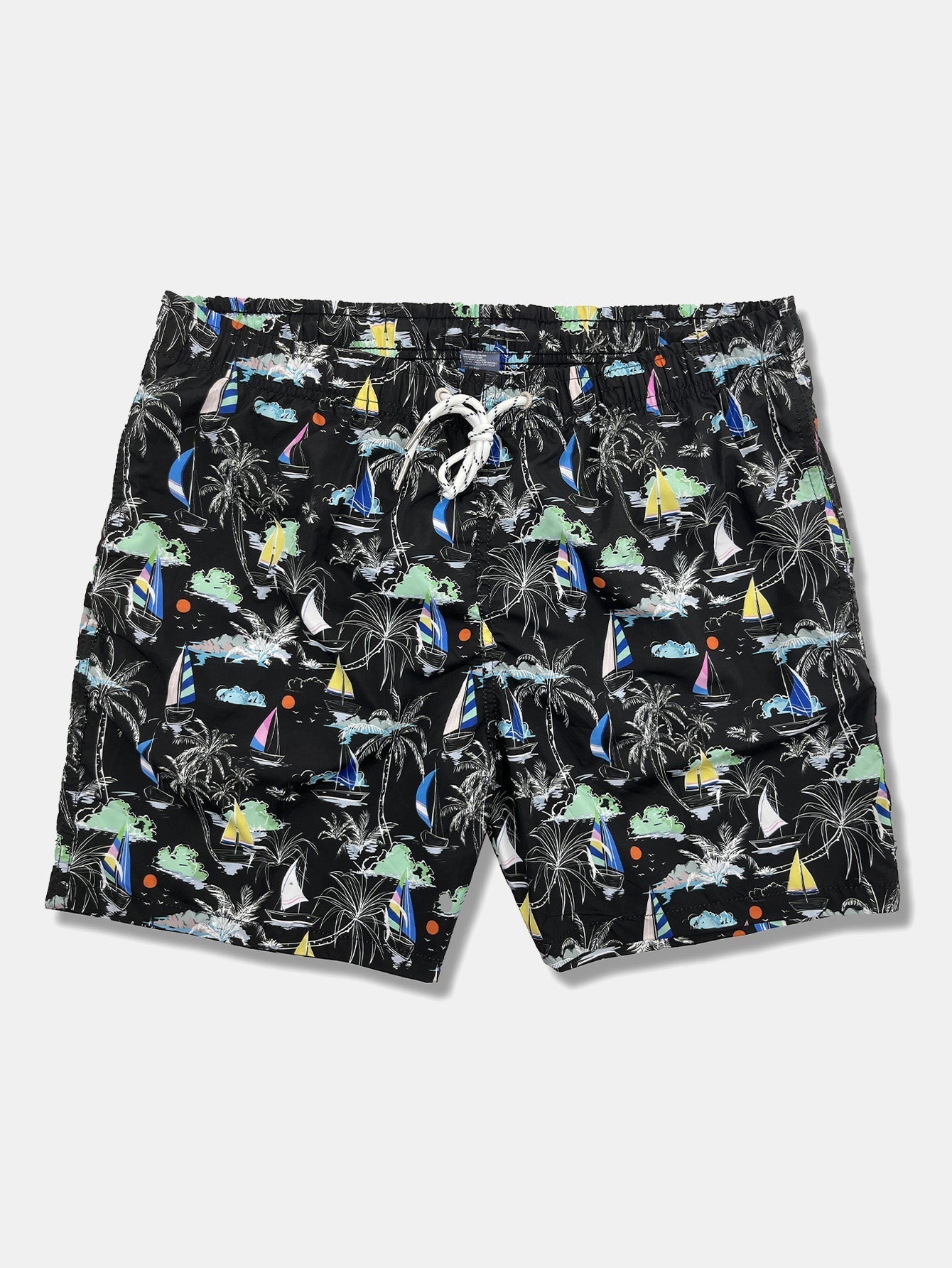 Linen Rayon Blend Button Up Shirt & Palm Tree Sailboat Print Swim Shorts