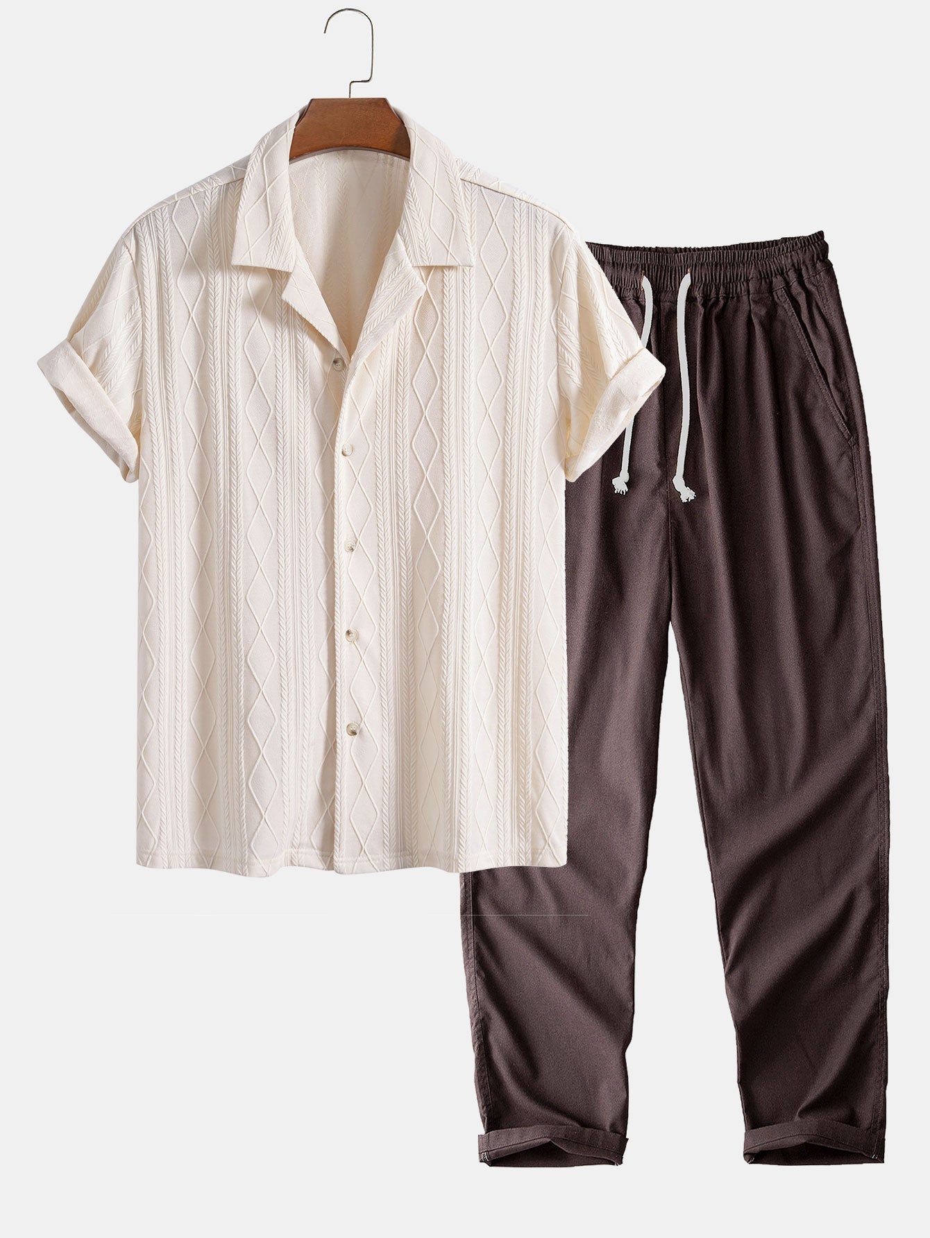 Knitted Geometric Rhombus Jacquard Cuban Shirt & Straight Leg Linen Pants