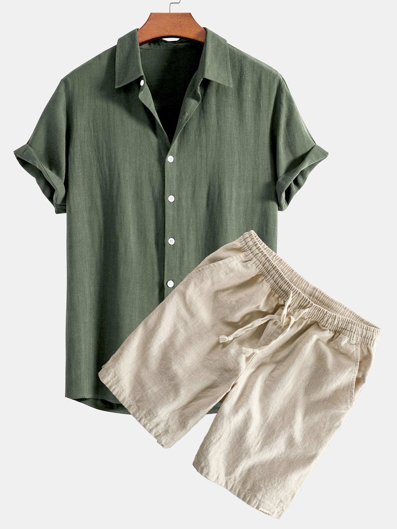 Linen Rayon Blend Button Up Shirt & Linen Cotton Blend Drawstring Shorts