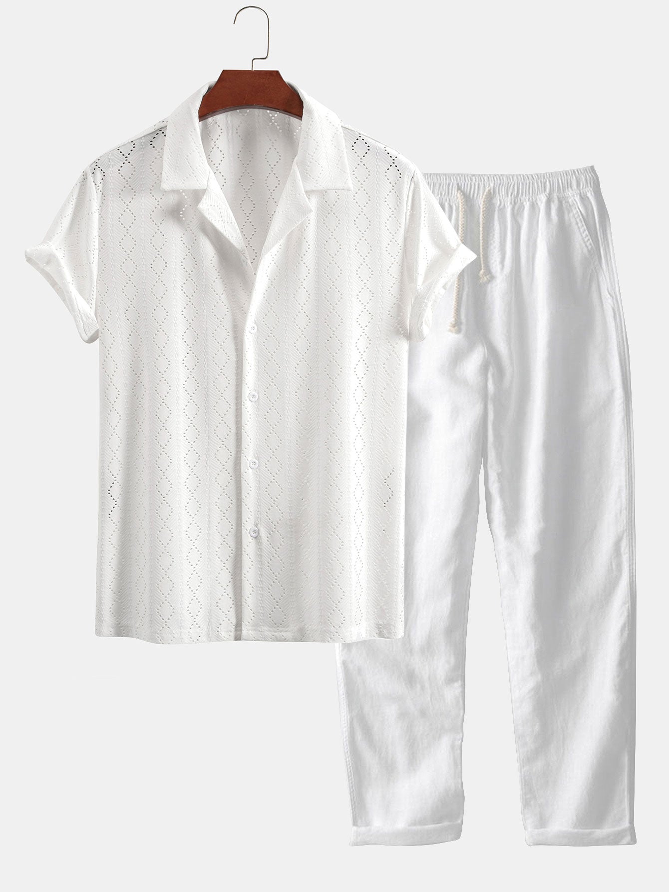 Muscle Fit Diamond Texture Cuban Shirt & Straight Leg Linen Pants