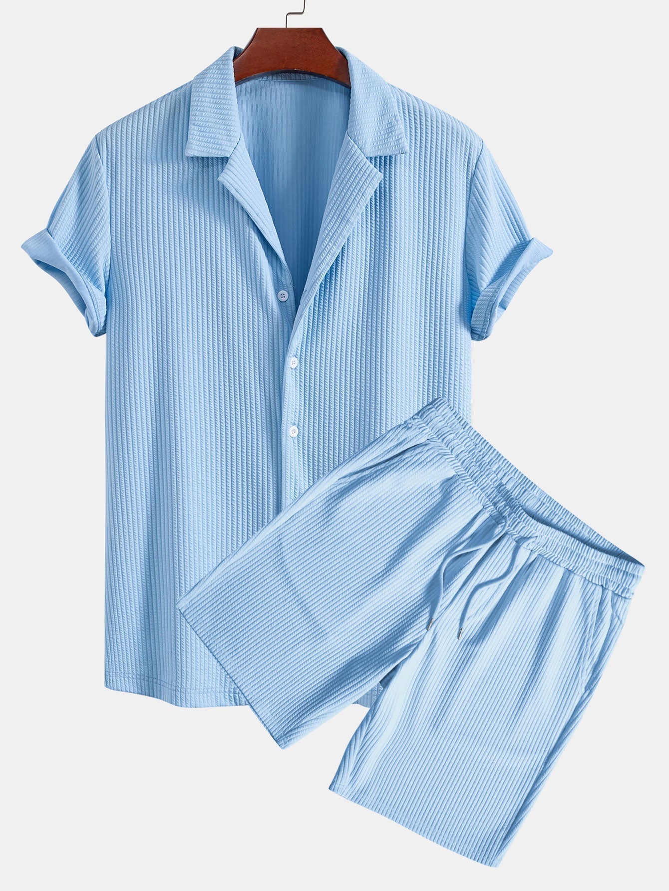 Muscle Fit Ribbed Deep Cuban Shirt & Drawstring Ribbed Shorts