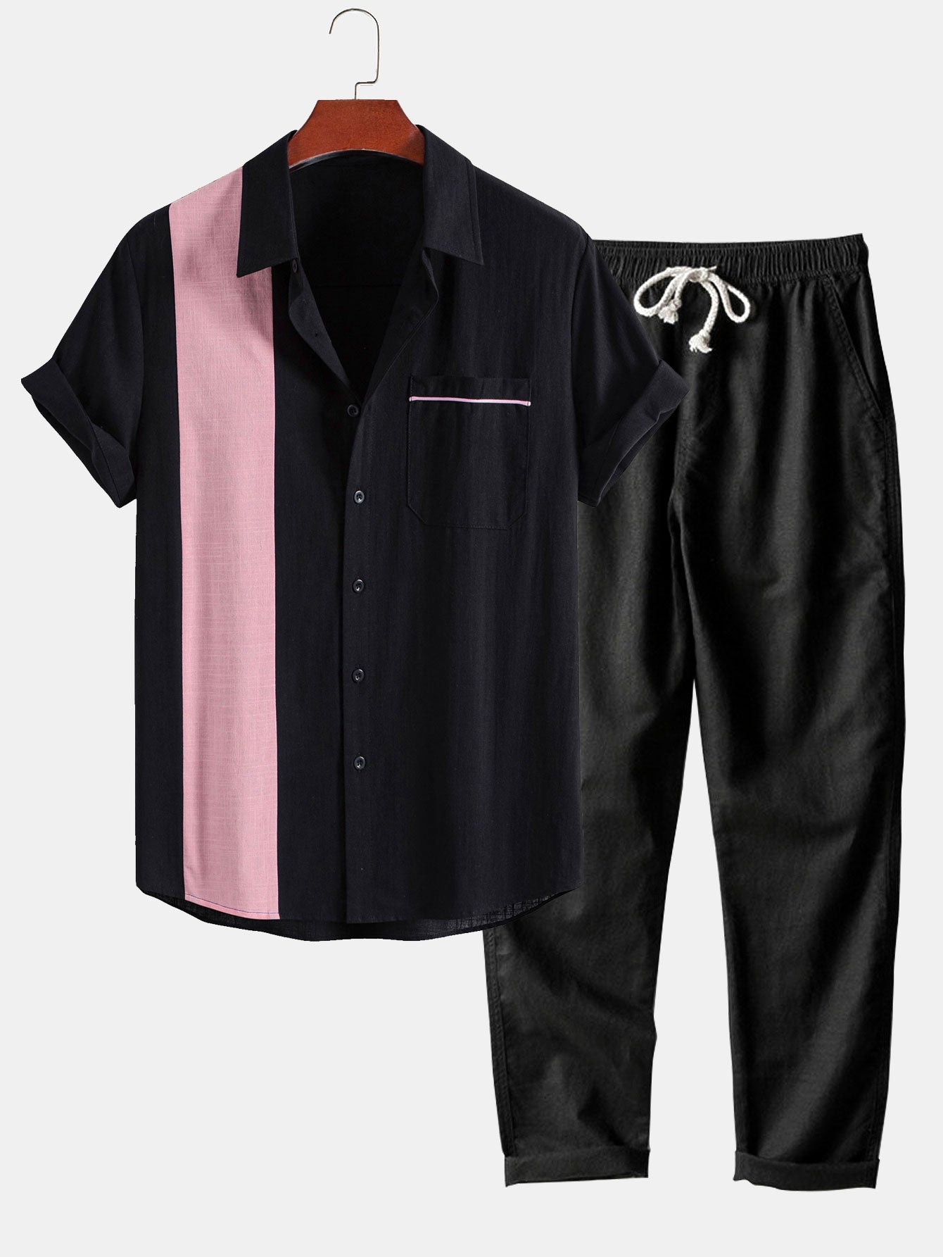 Linen Look Contrast Button Up Shirt & Straight Leg Linen Pants