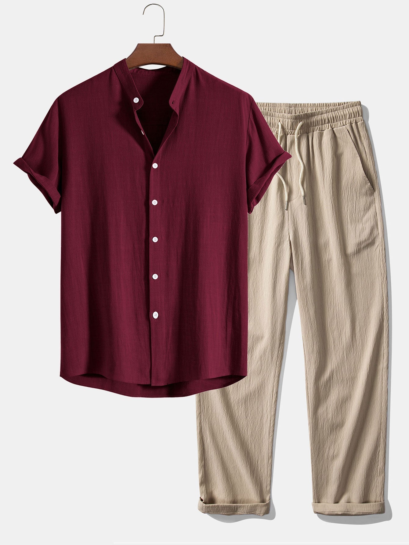 Linen And Rayon Blend Stand Collar Shirt & Wrinkle Textured Straight Leg Pants