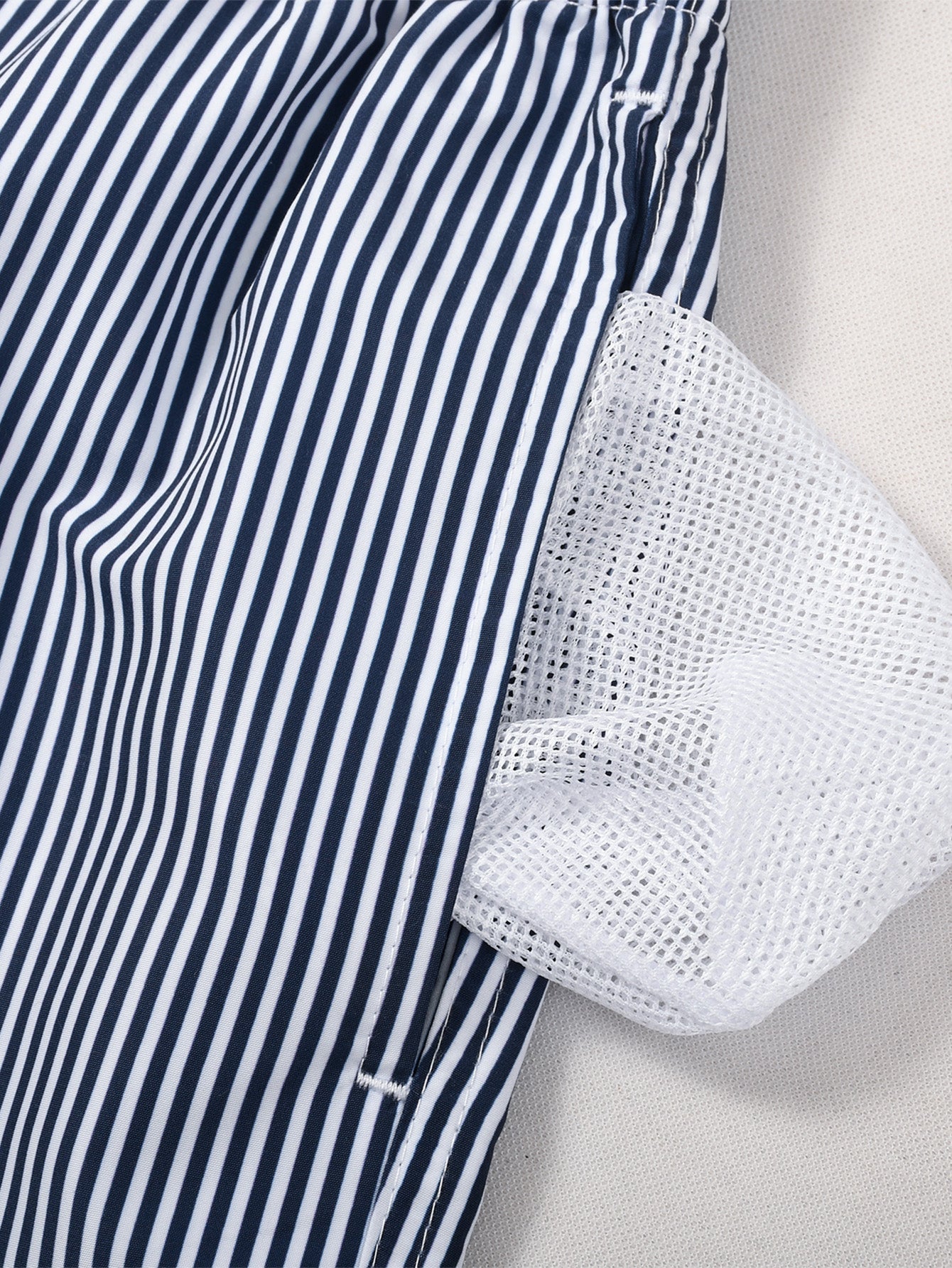 Island Sailing Print Button Up Shirt & Vertical Striped Drawstring Swim Shorts