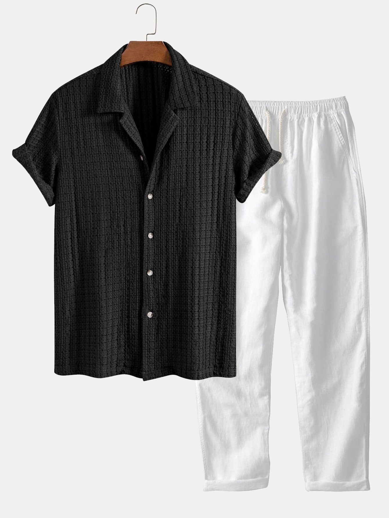 Texture Jacquard Cuban Shirt & Straight Leg Linen Pants